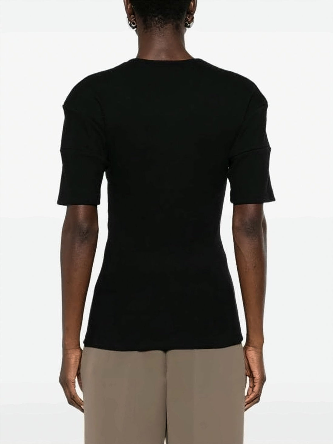 Fitted Black Short-Sleeved Top with Central Button Placket