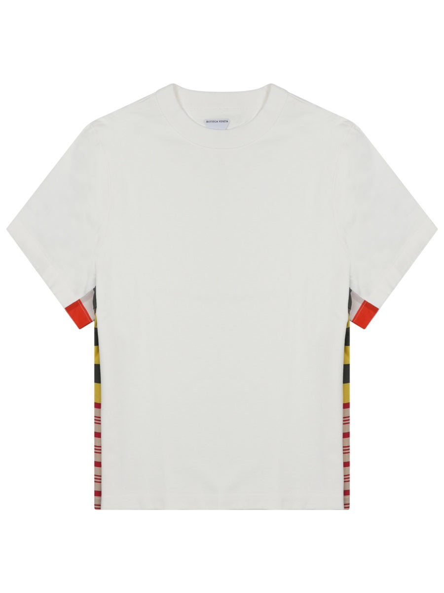 Boxy-Cut White Cotton T-Shirt With Multicolored Striped Panels