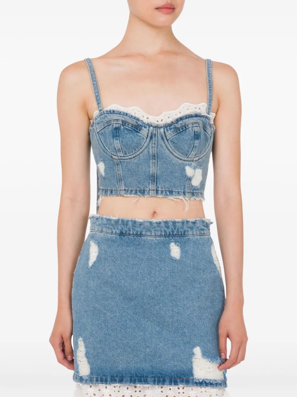 Distressed Denim Cropped Top with Structured Bustier Design
