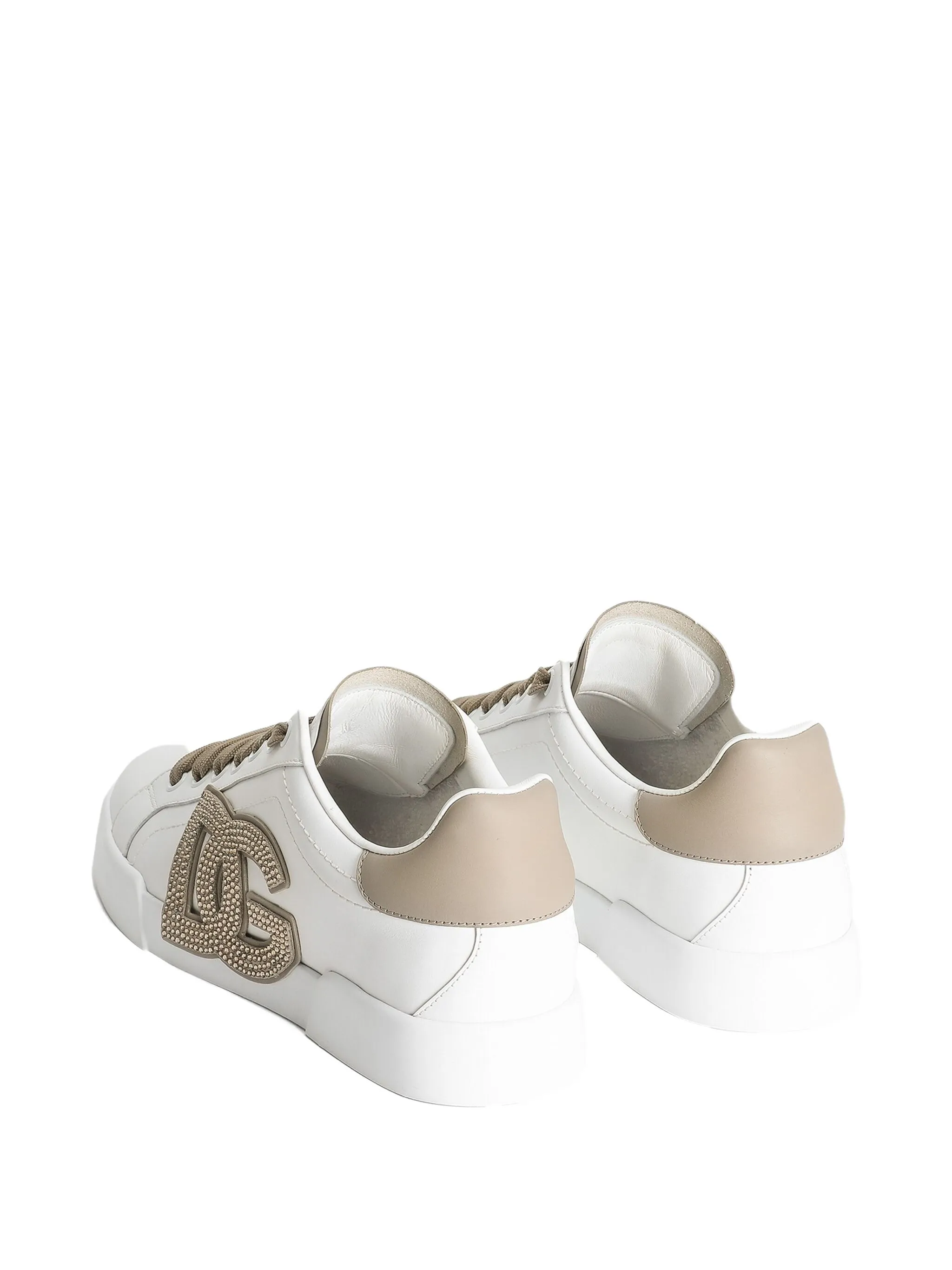 White Low-Top Leather Embellished Logo Sneakers