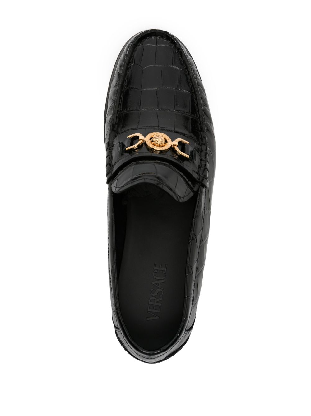 Glossy Black Crocodile-Pattern Flat Shoes