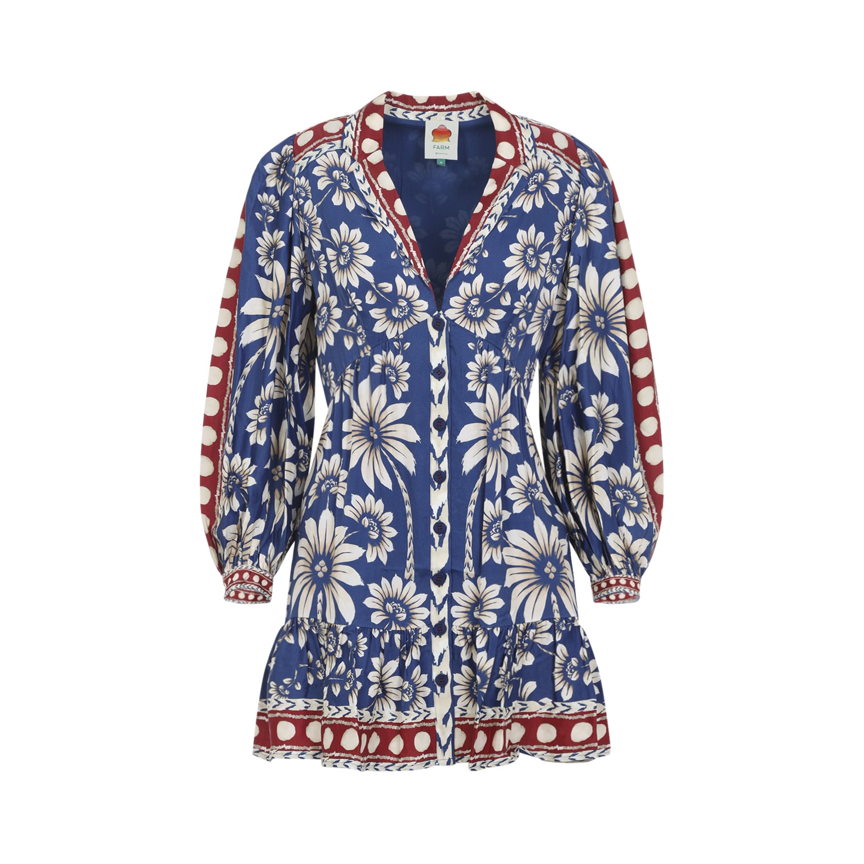 Blue Floral Mini Dress With Puffed Sleeves
