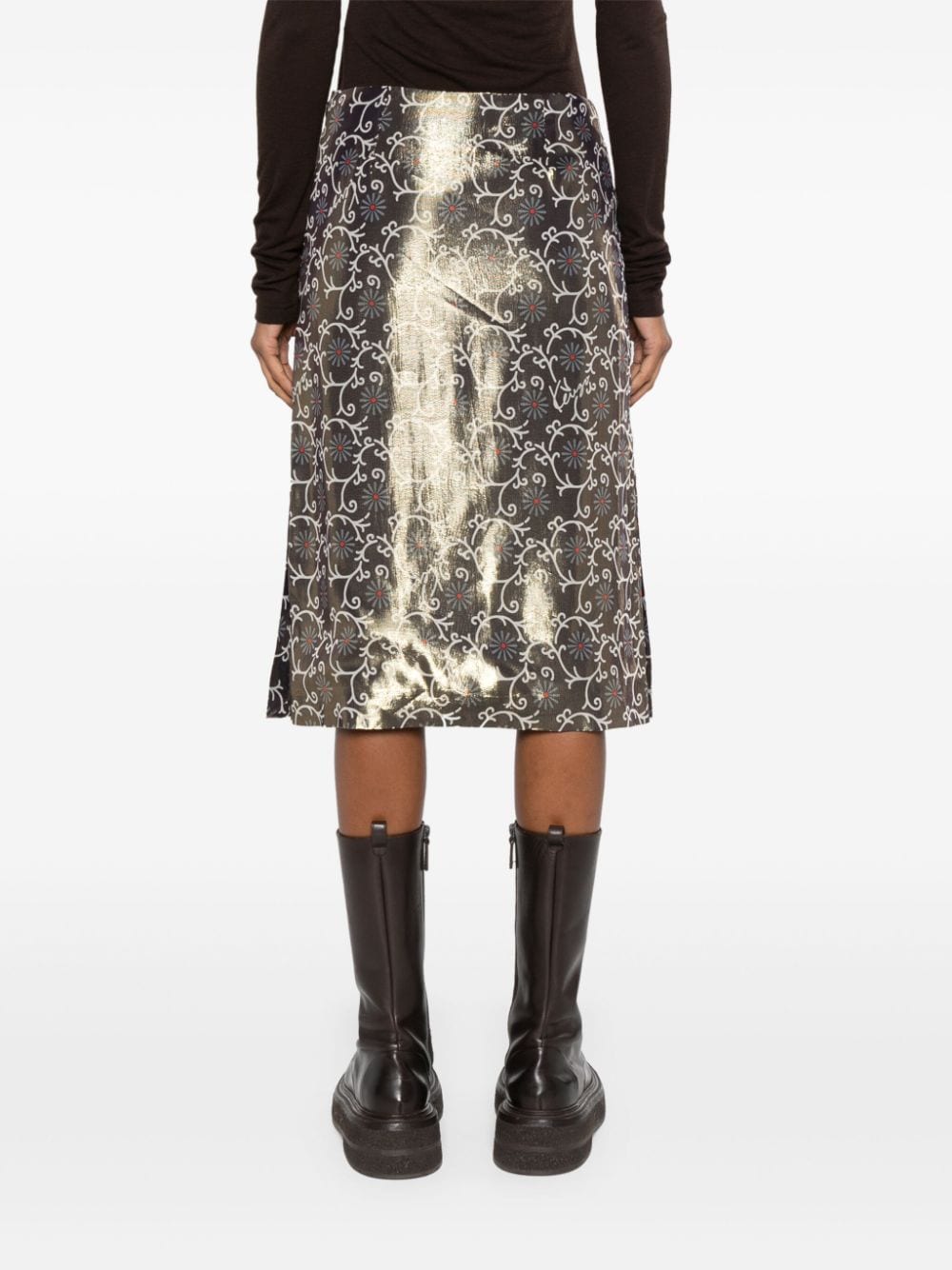 Gold-Tone Lamé Floral Print Pencil Skirt