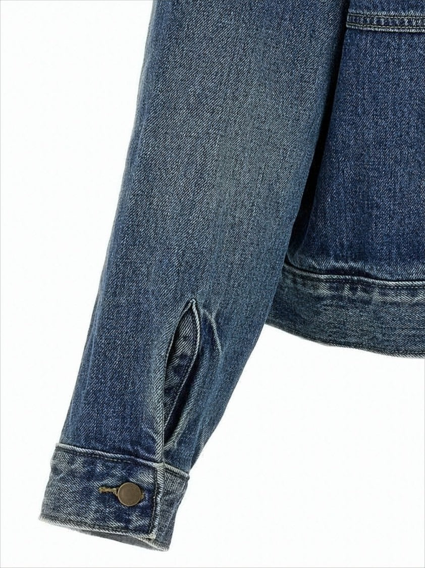 Medium Blue Wash Denim Jacket With Cropped Fit And Whiskering Details