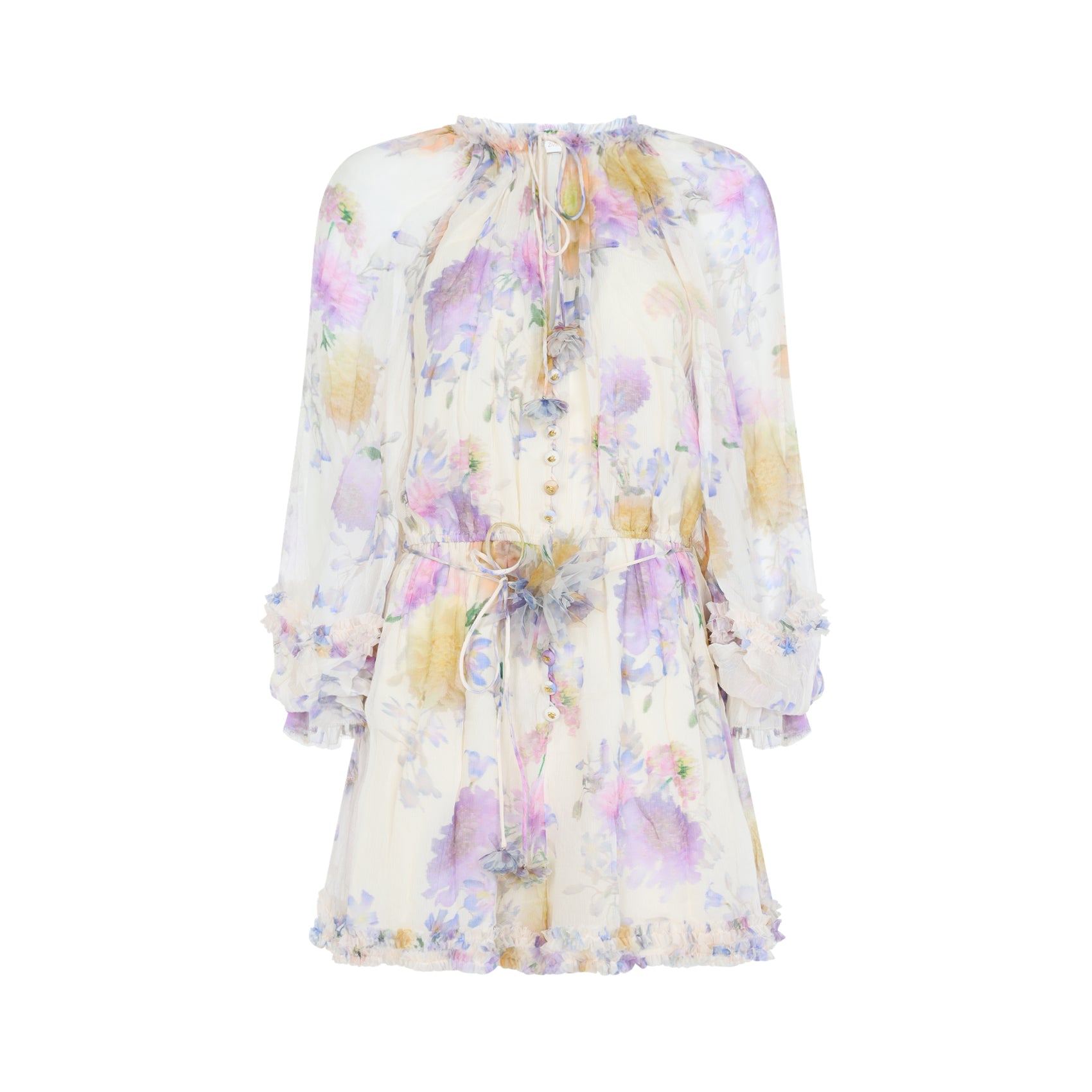 Floral Print Overall with Ruffled Cuffs