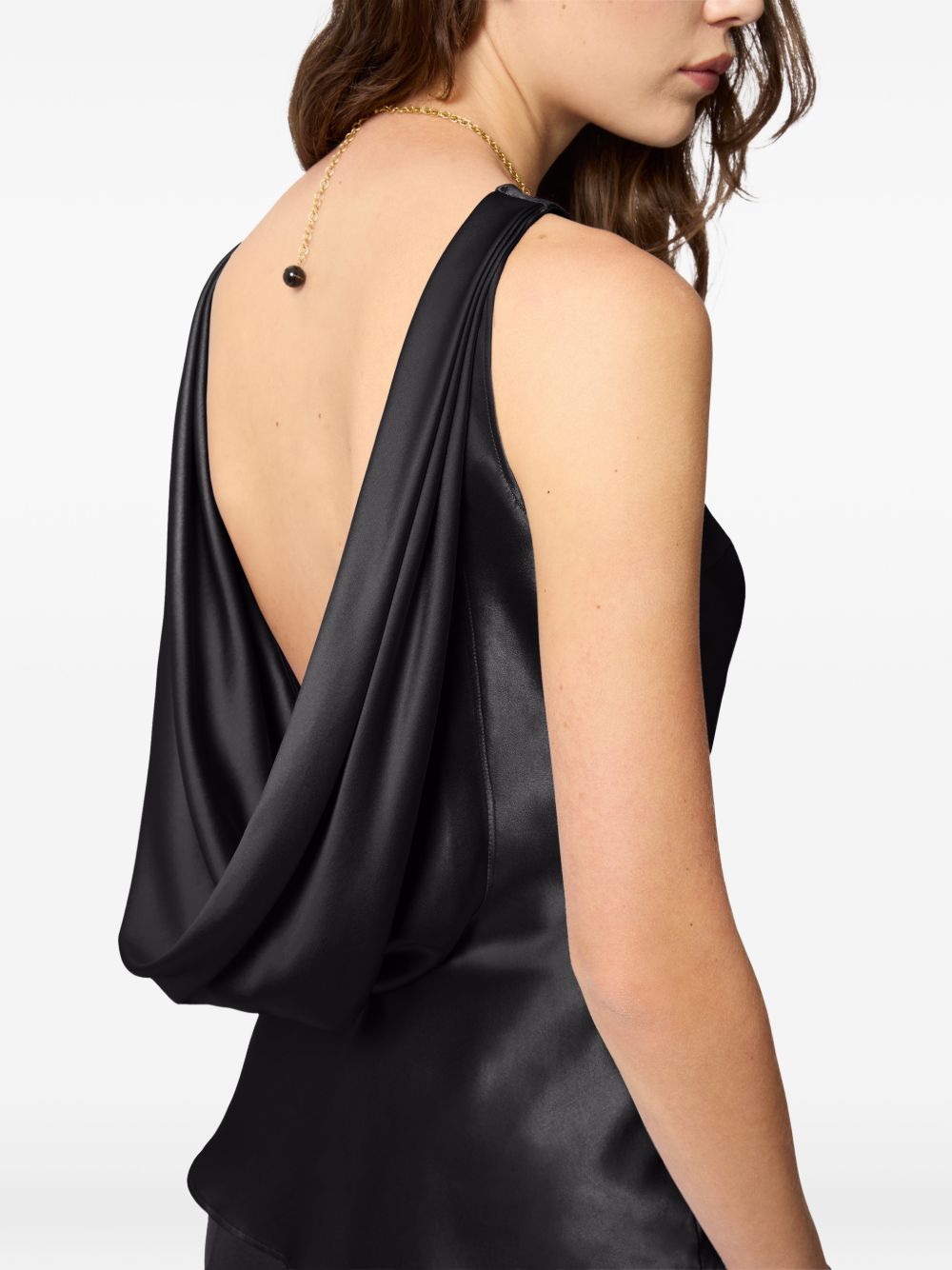 Draped Black Satin Top With Boat Neckline