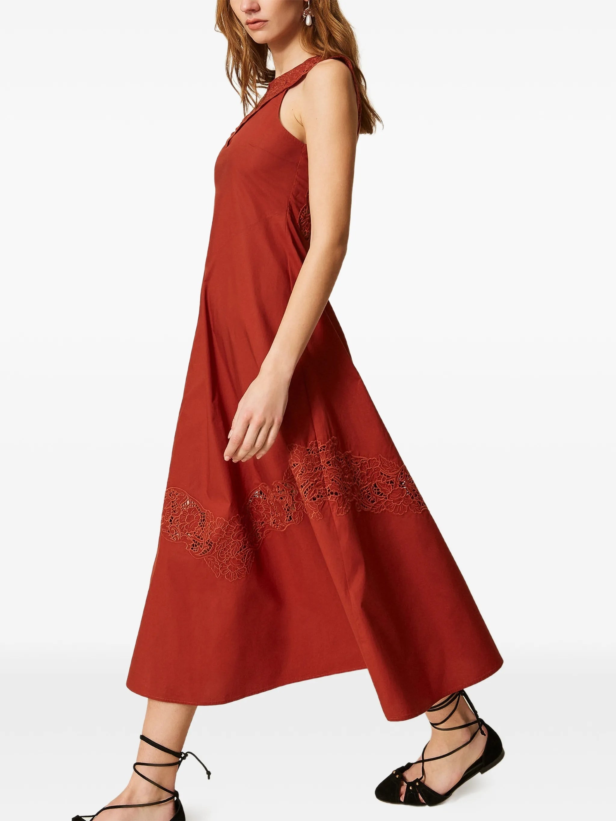 Rust Abito Sleeveless Lace Midi Dress