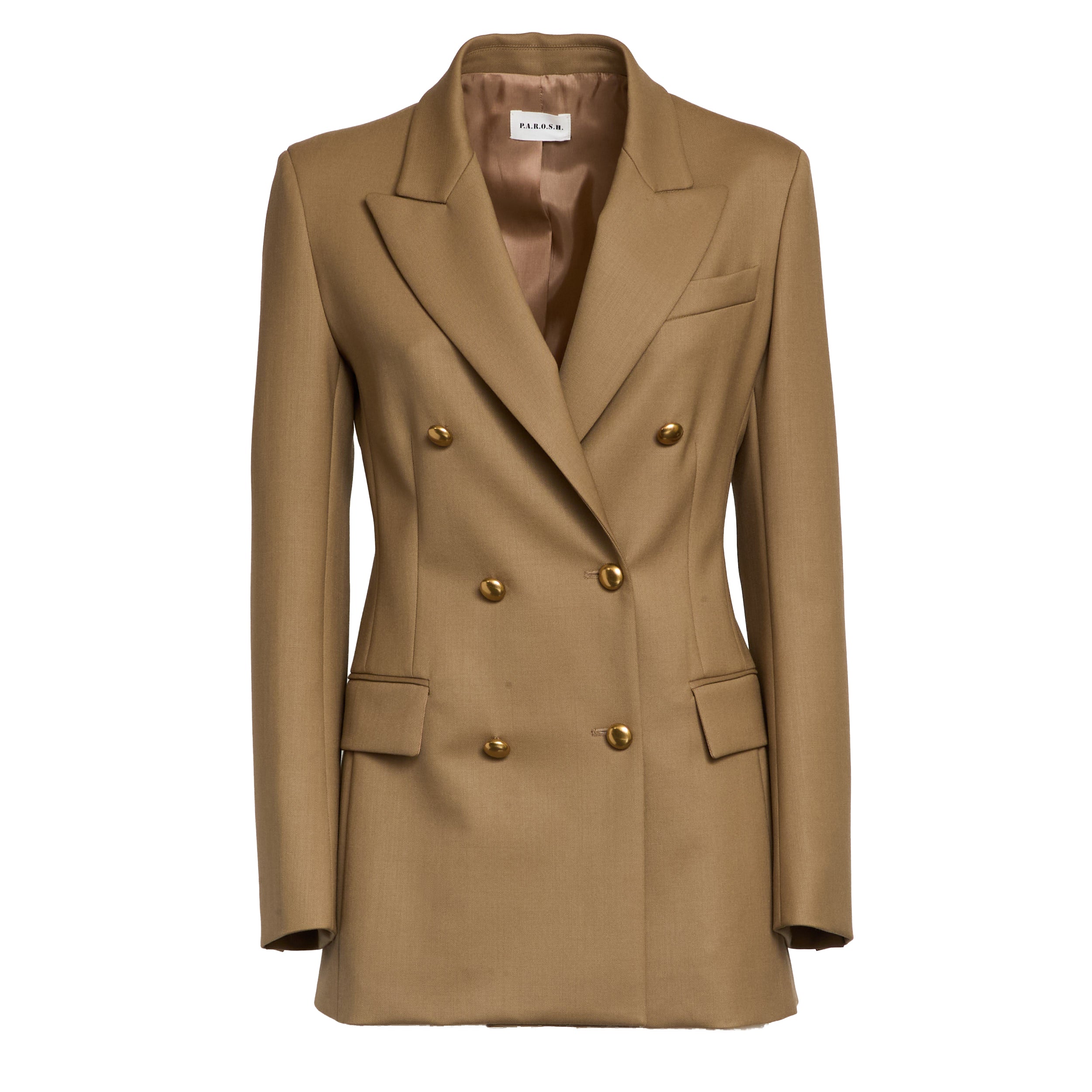 Camel Double-Breasted Blazer with Notched Lapel