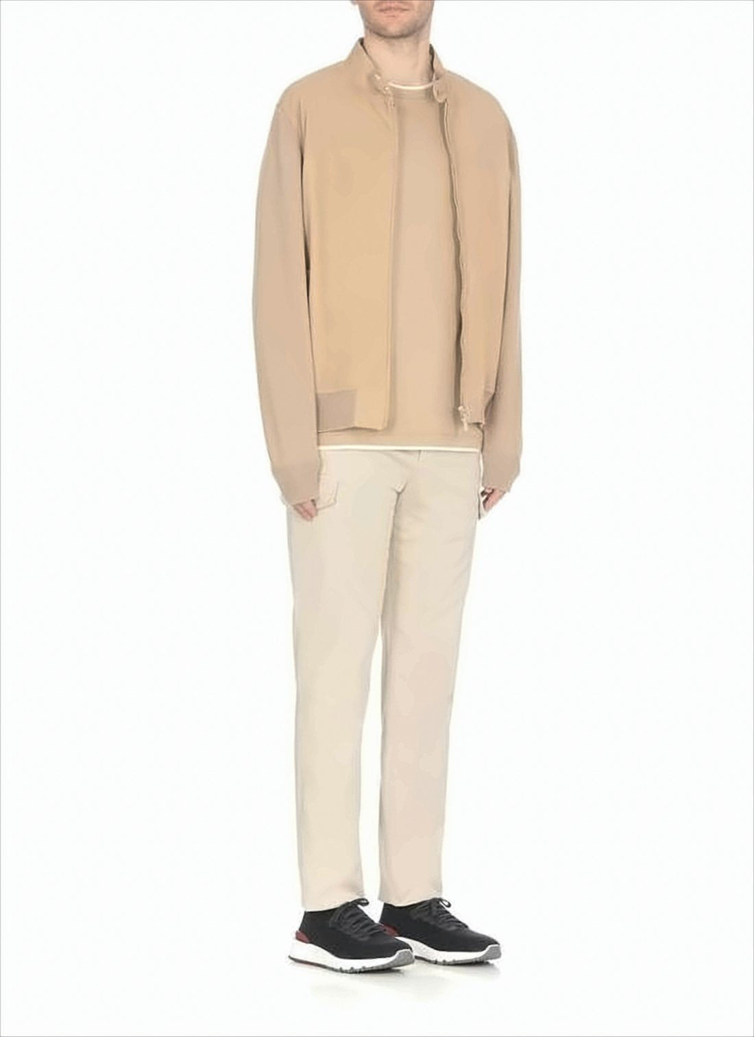 Smooth Leather Bomber Jacket with Knit Sleeves