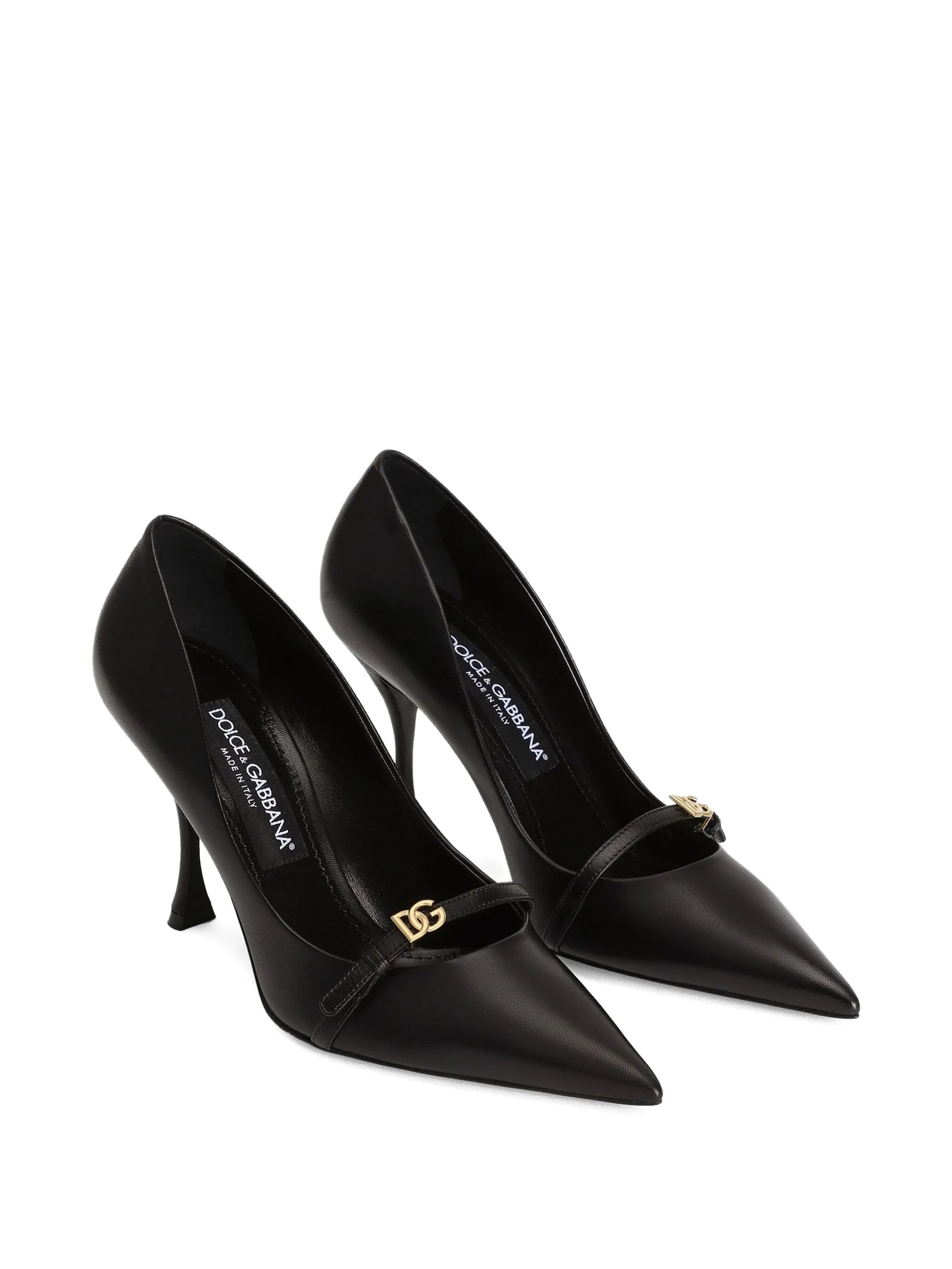 Pointed-Toe Black Leather Metallic Logo Pumps