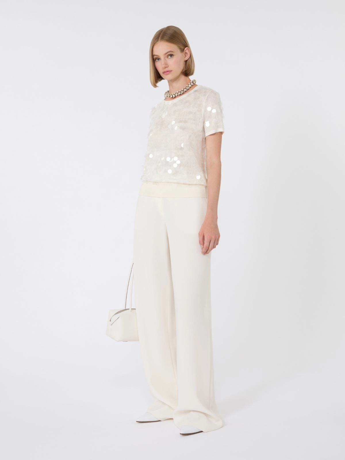 Ivory Short-Sleeved Knit Top With Sequined Accents