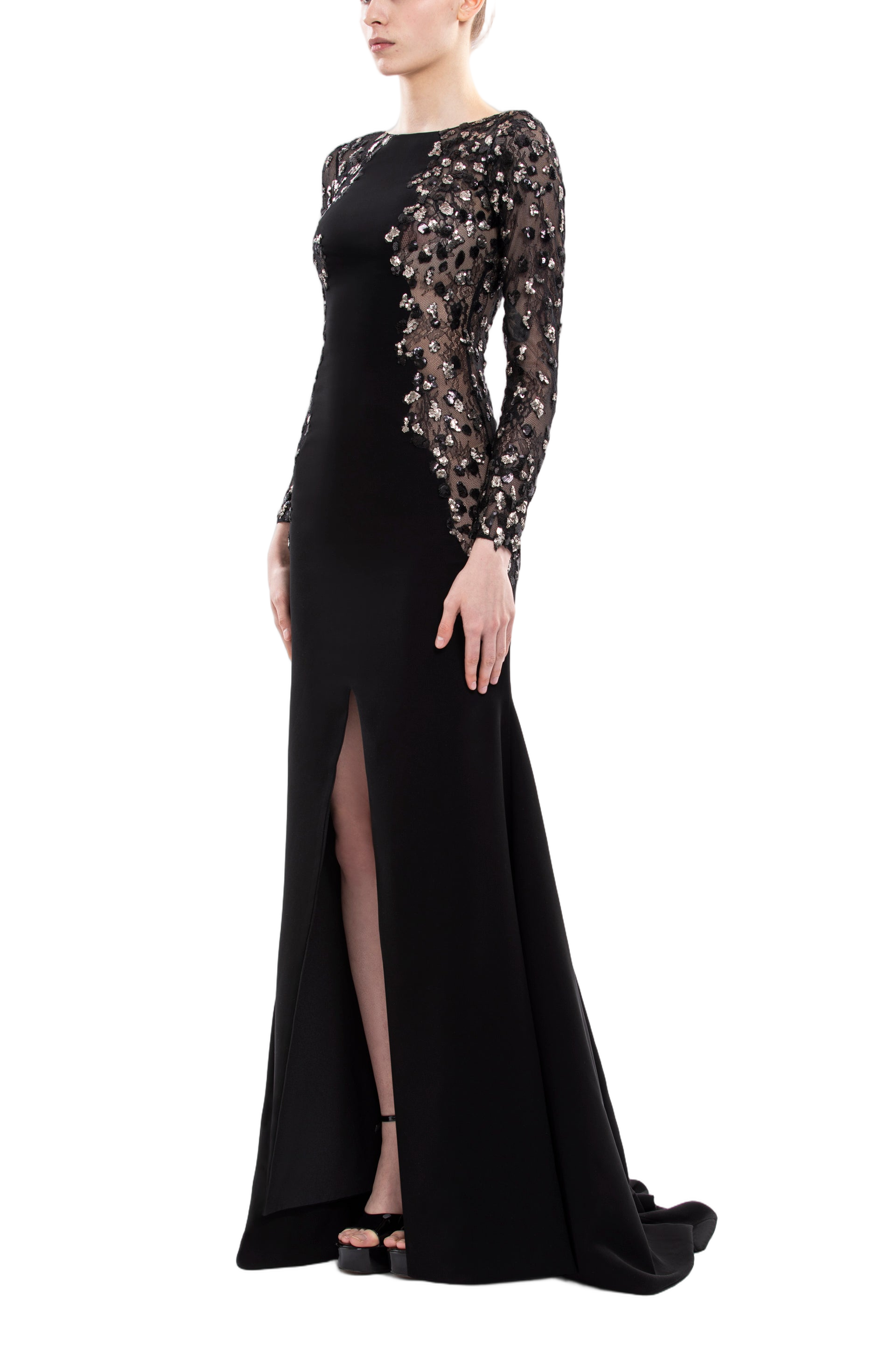 Embellished Crepe Long Dress with Sheer Sleeves and Sequined Detail