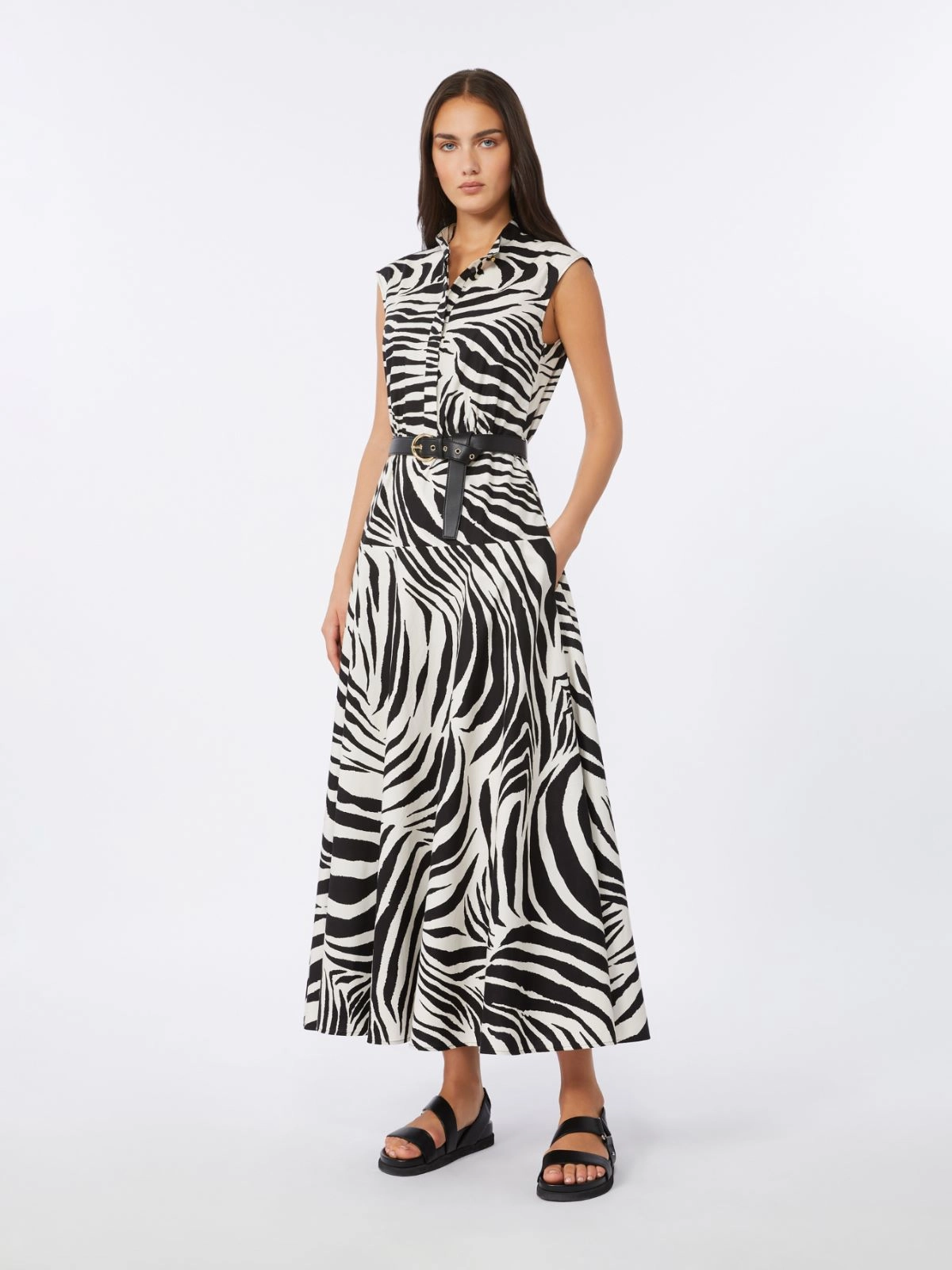 Zebra Print Midi Dress with High Collar