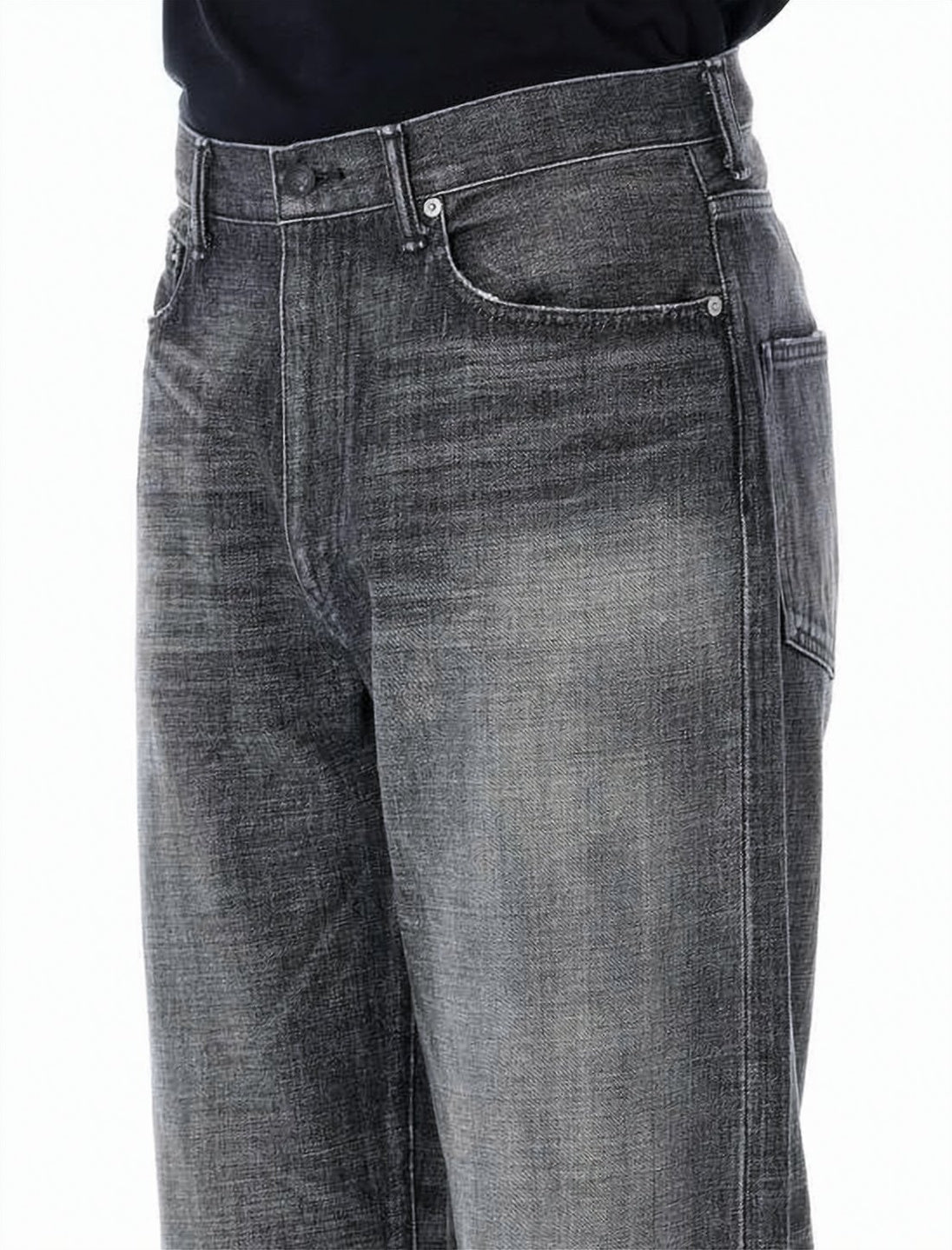 Black Relaxed Straight-Leg Faded Denim Pants