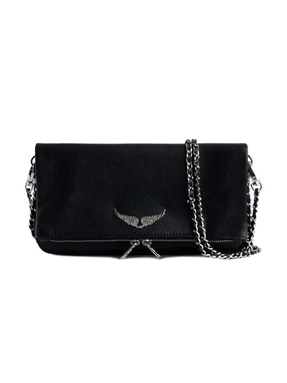 Textured Black Leather Clutch Bag with Winged Emblem