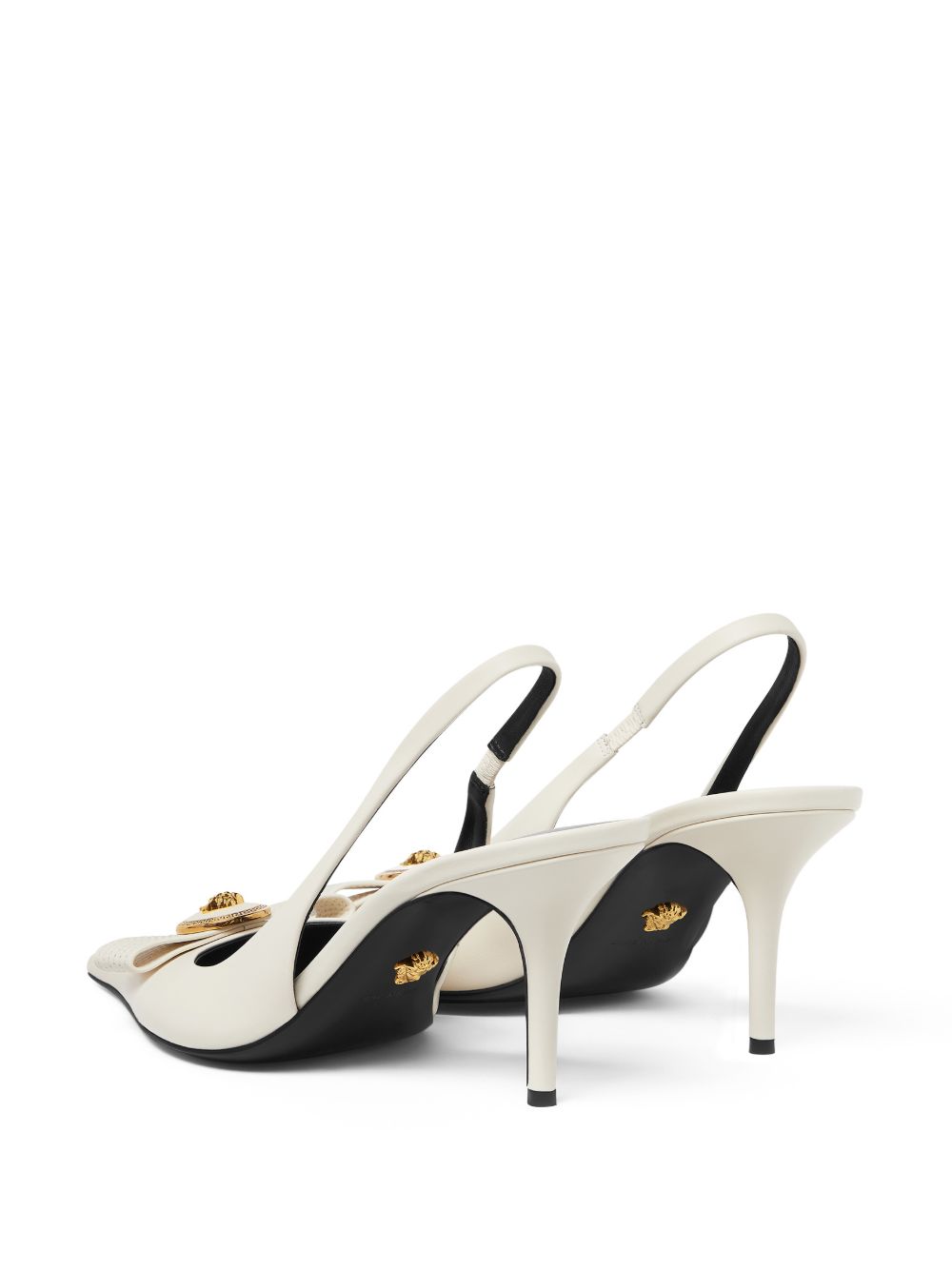 Pointed Toe Slingback Heels with Textured Bow and Gold Medallion