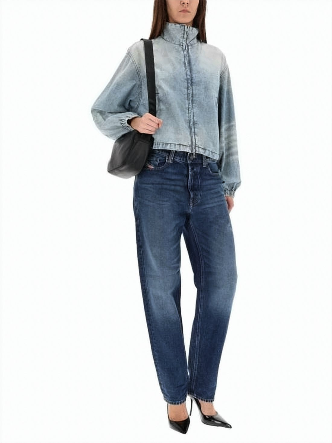 Cropped Denim Jacket with High Collar