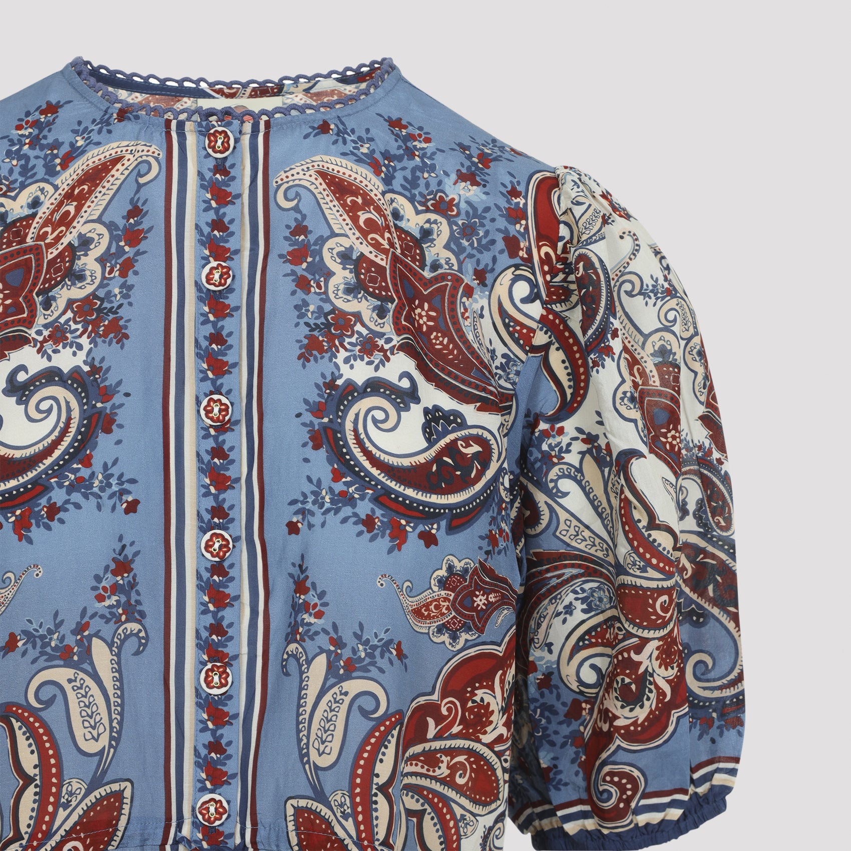Puffed Sleeve Blue Paisley Shirt With Pattern