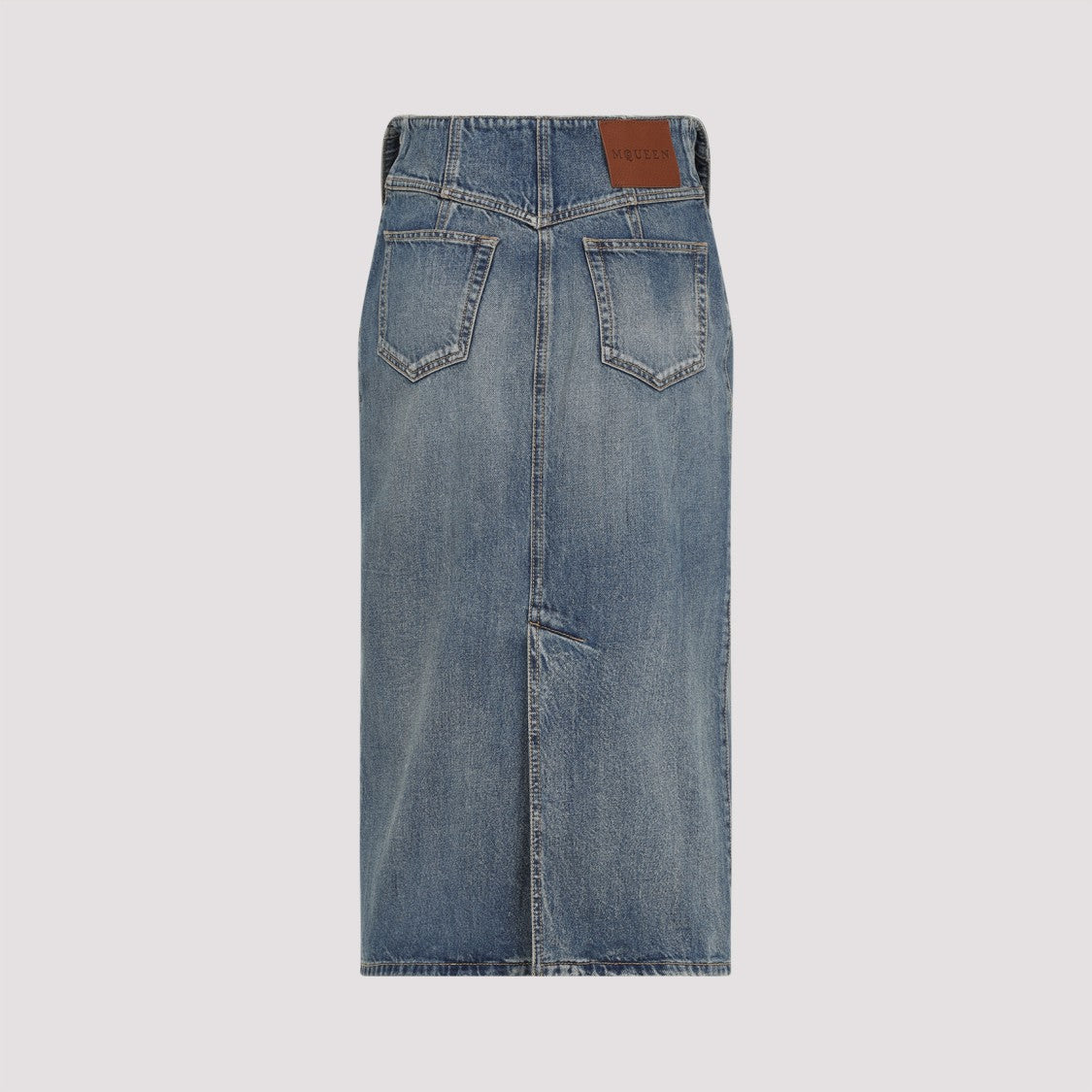 Structured High-Waisted Blue Cotton Midi Skirt