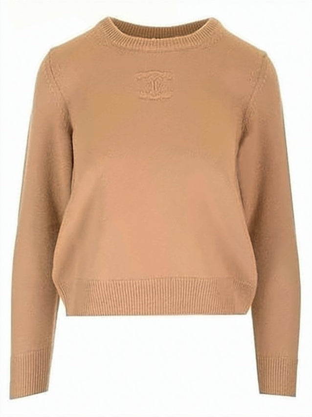 Cropped Brown Cashmere Sweater with Embossed Logo