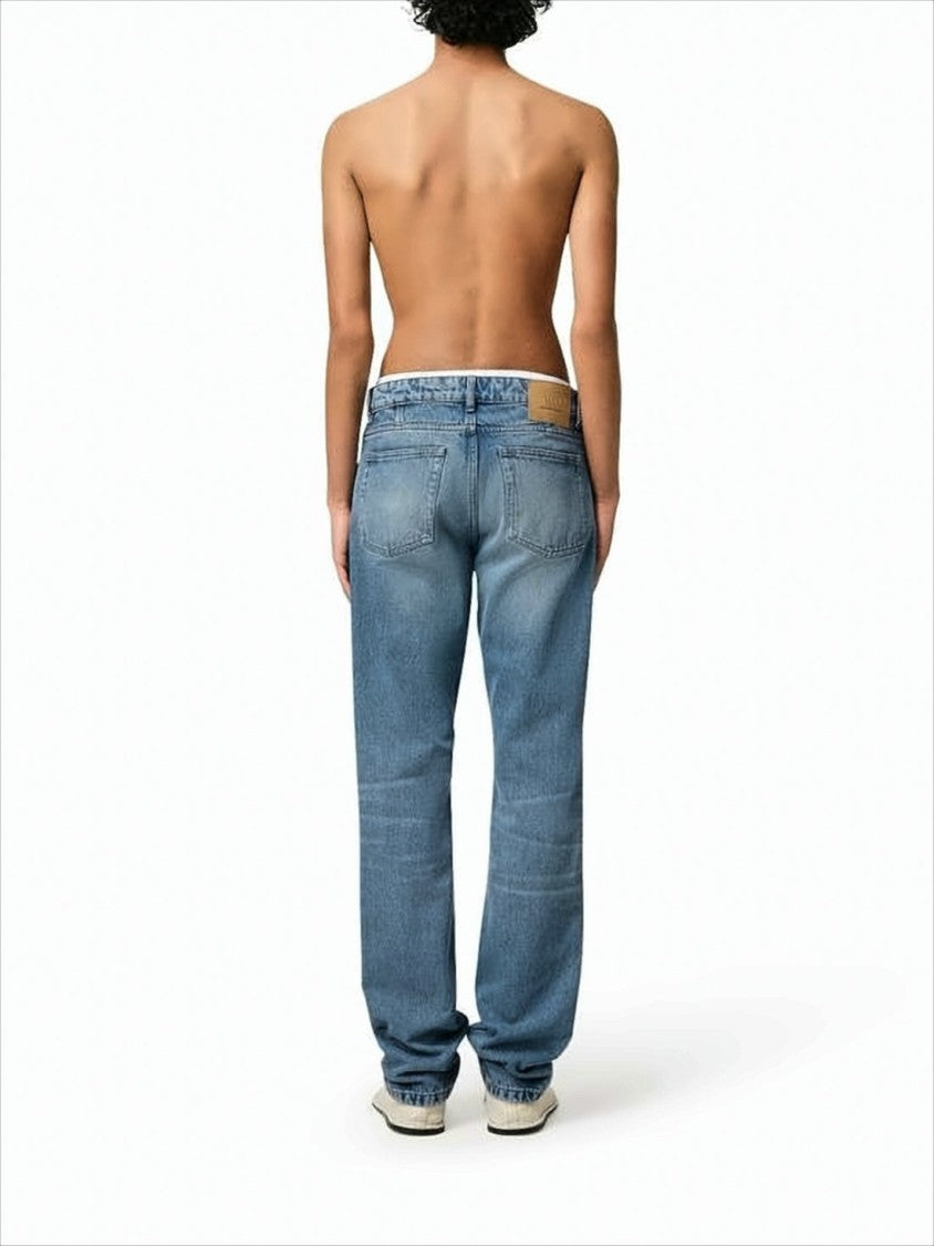 Medium Blue Straight-Leg Denim Pants With Five-Pocket Design