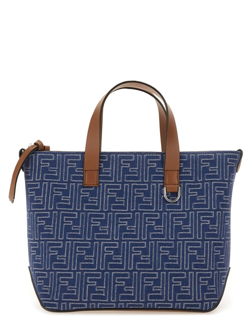 Structured Cotton Ff Shopping Bag With Leather Accents