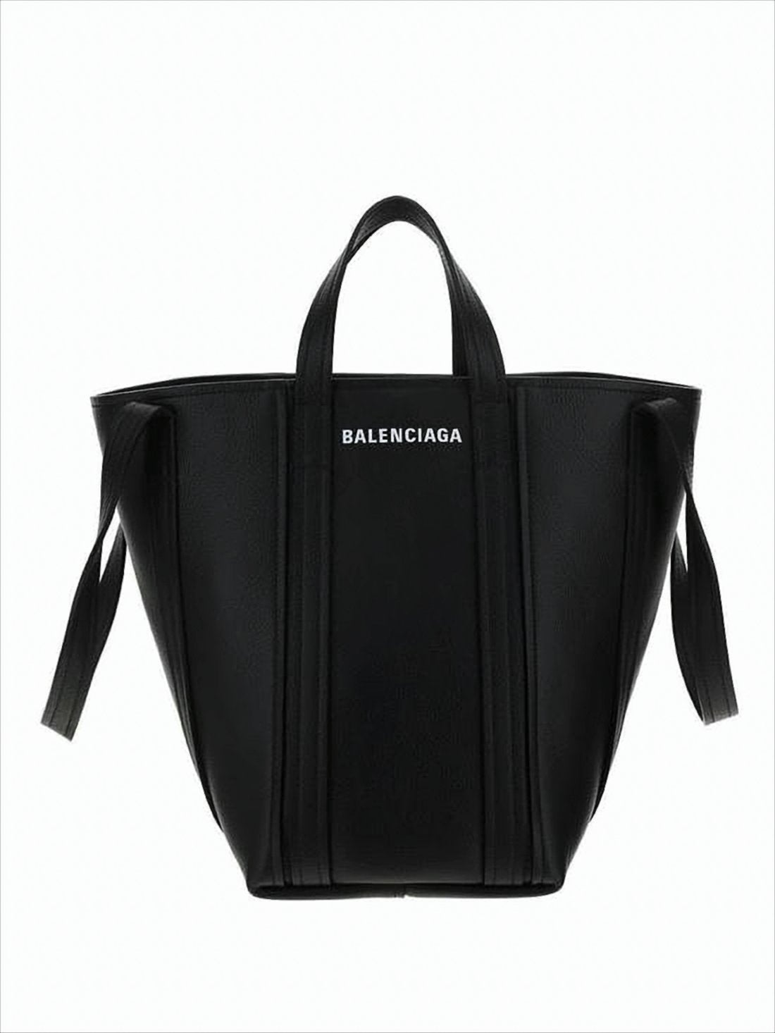 Trapezoidal Black Calf Leather Tote Bag With Dual Handles
