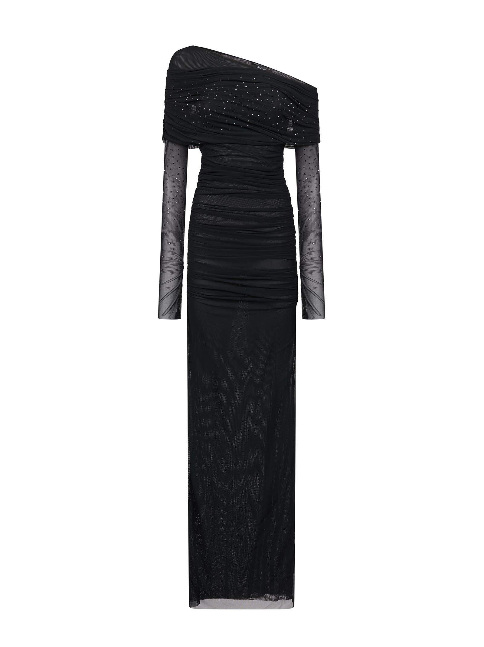 Asymmetrical Neckline Black Tulle Midi Dress