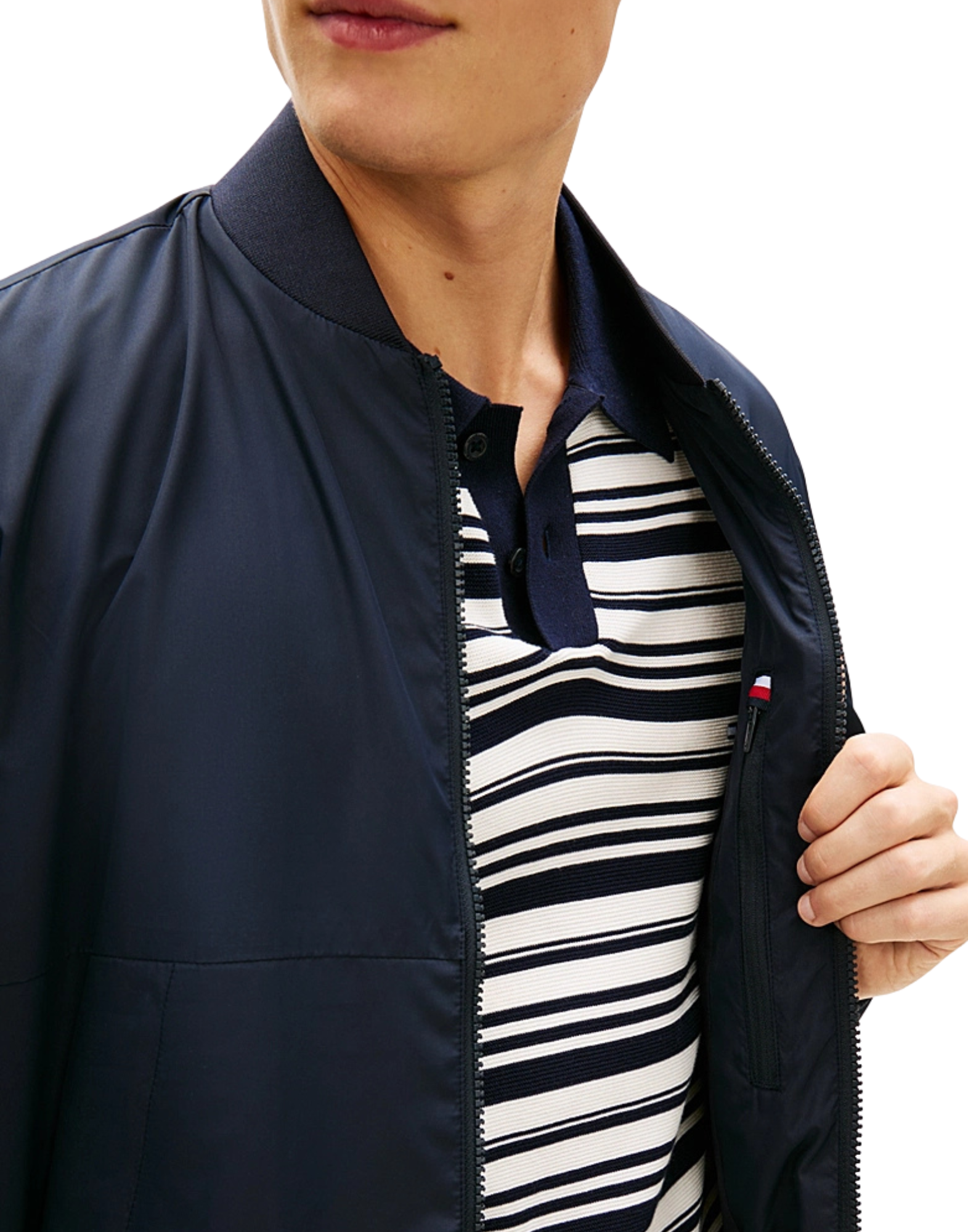 Water-Resistant Navy Bomber Jacket With Baseball Collar And Storm Flap