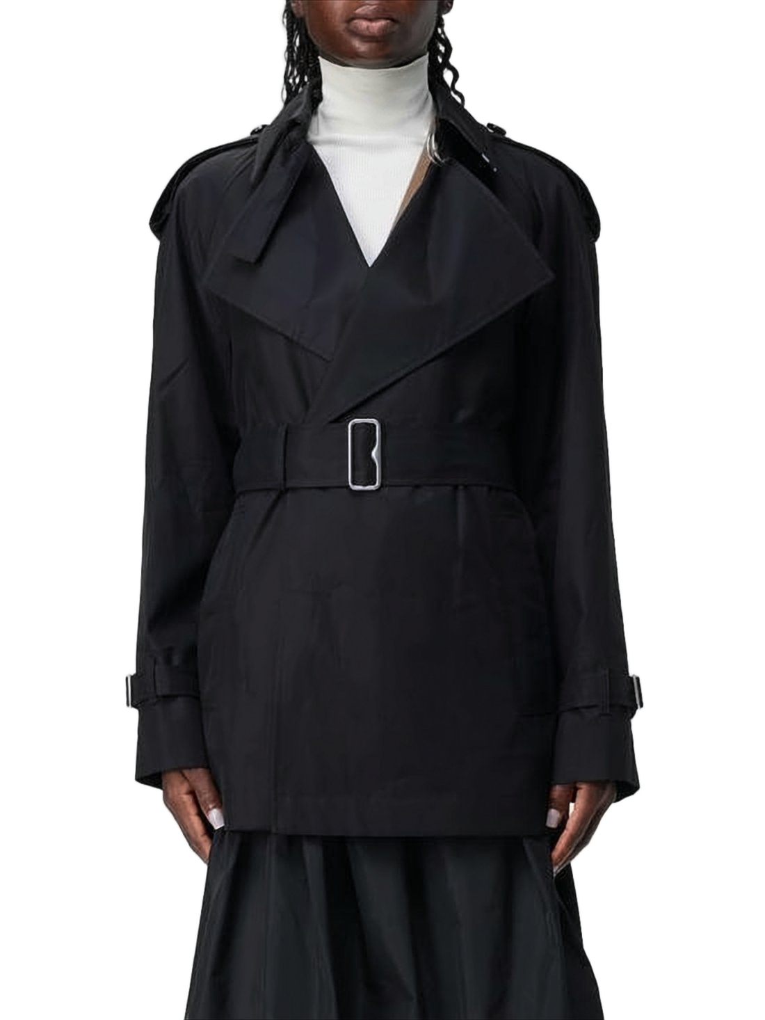 Double-Breasted Black Trench Coat with Belted Waist