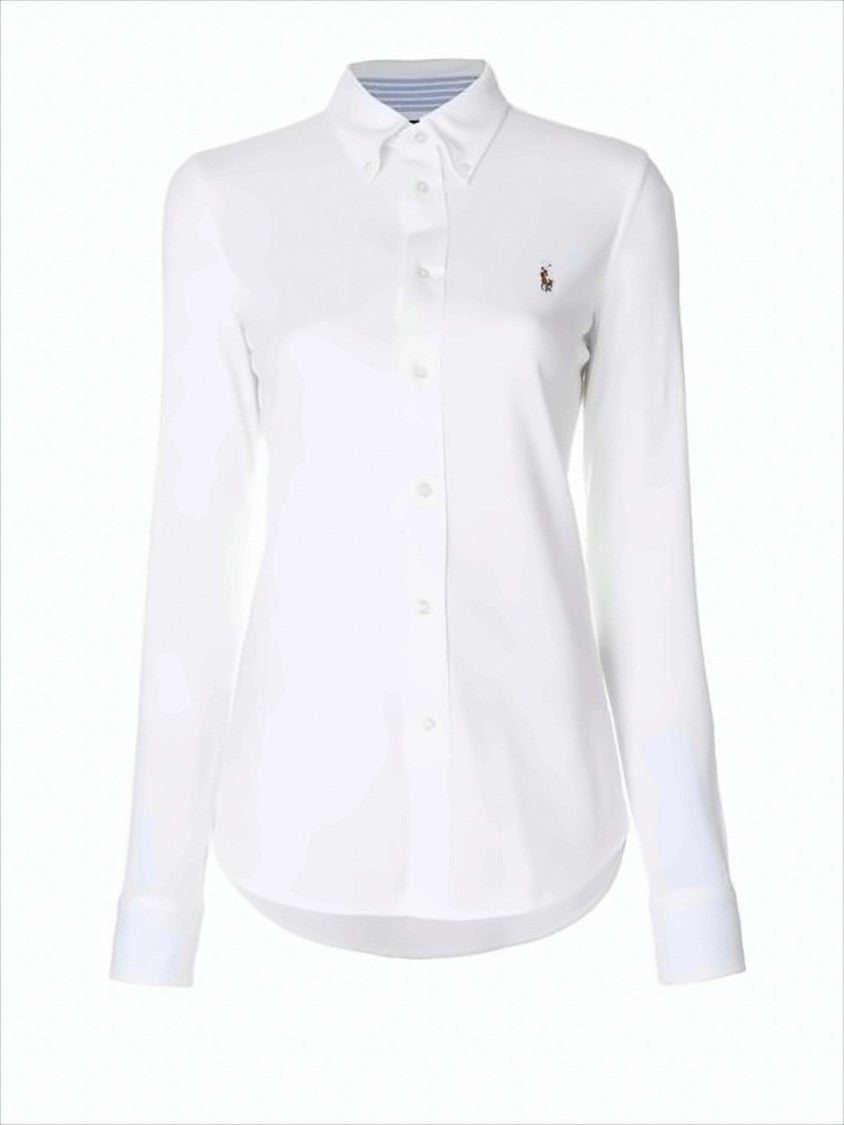 Long-Sleeve Button-Up Shirt With Curved Hem And Logo