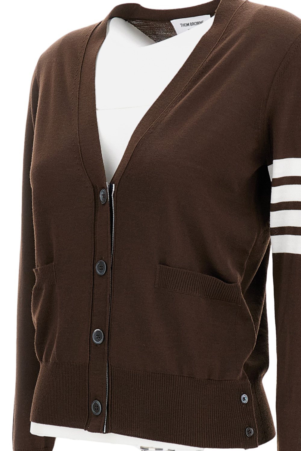 V-Neck Cardigan W/ 4 Bar In Fine Merino Wool