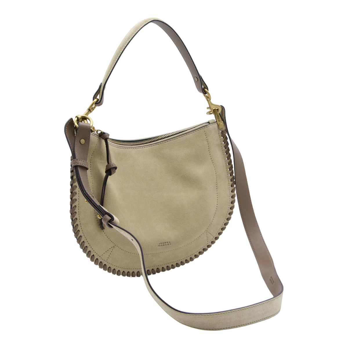 Crescent-Shaped Suede Handbag With Whipstitch Details