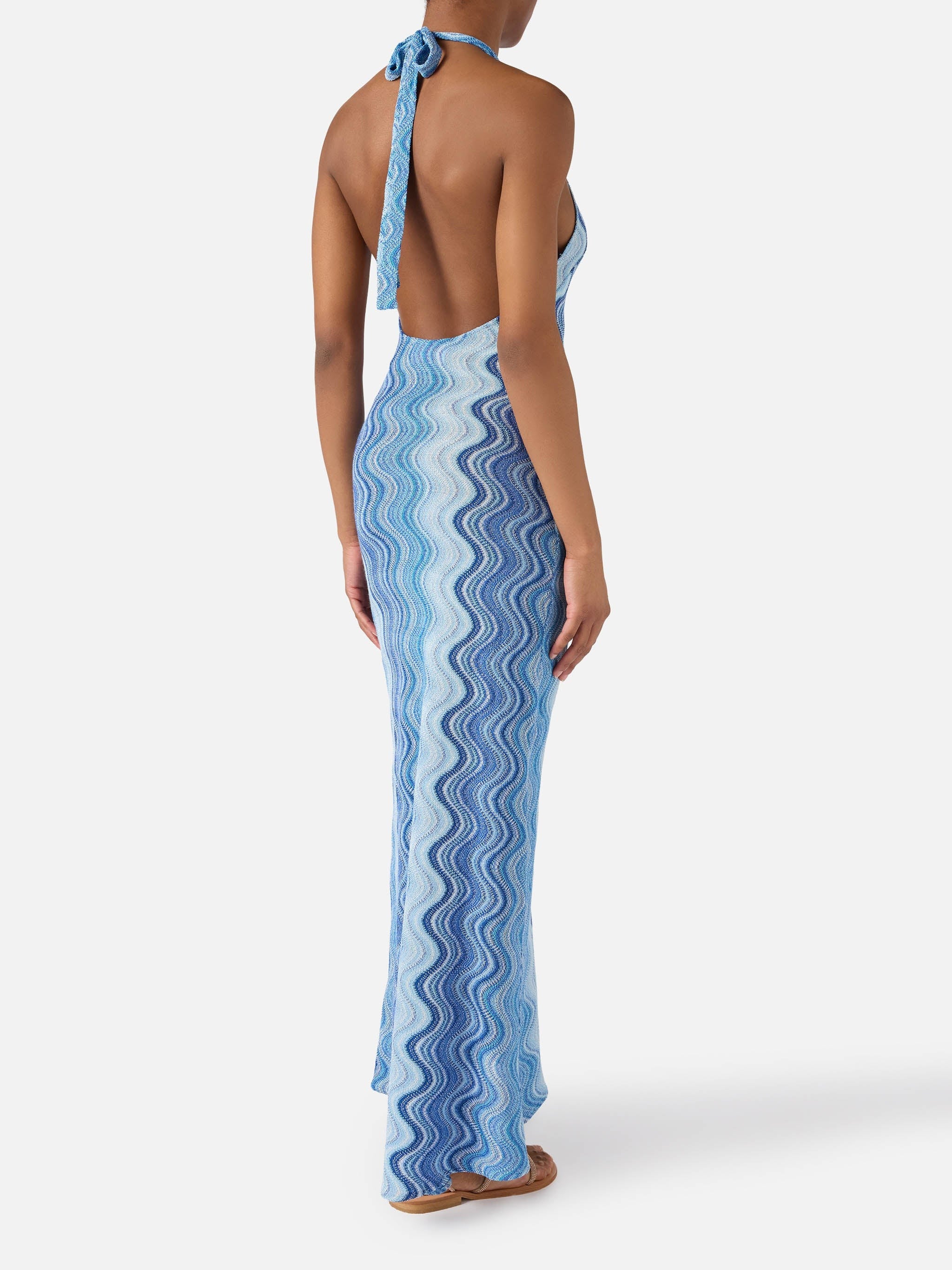 Wavy Abstract Pattern Maxi Dress with Halter Neckline