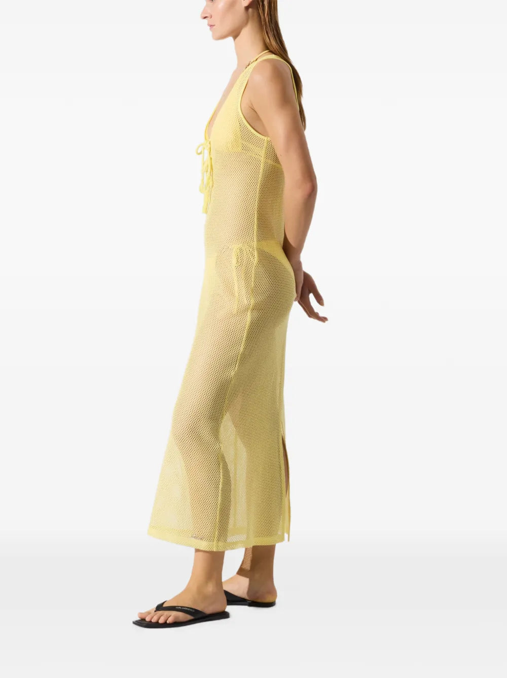Sleeveless Long Mesh Dress with Lace-Up Detail