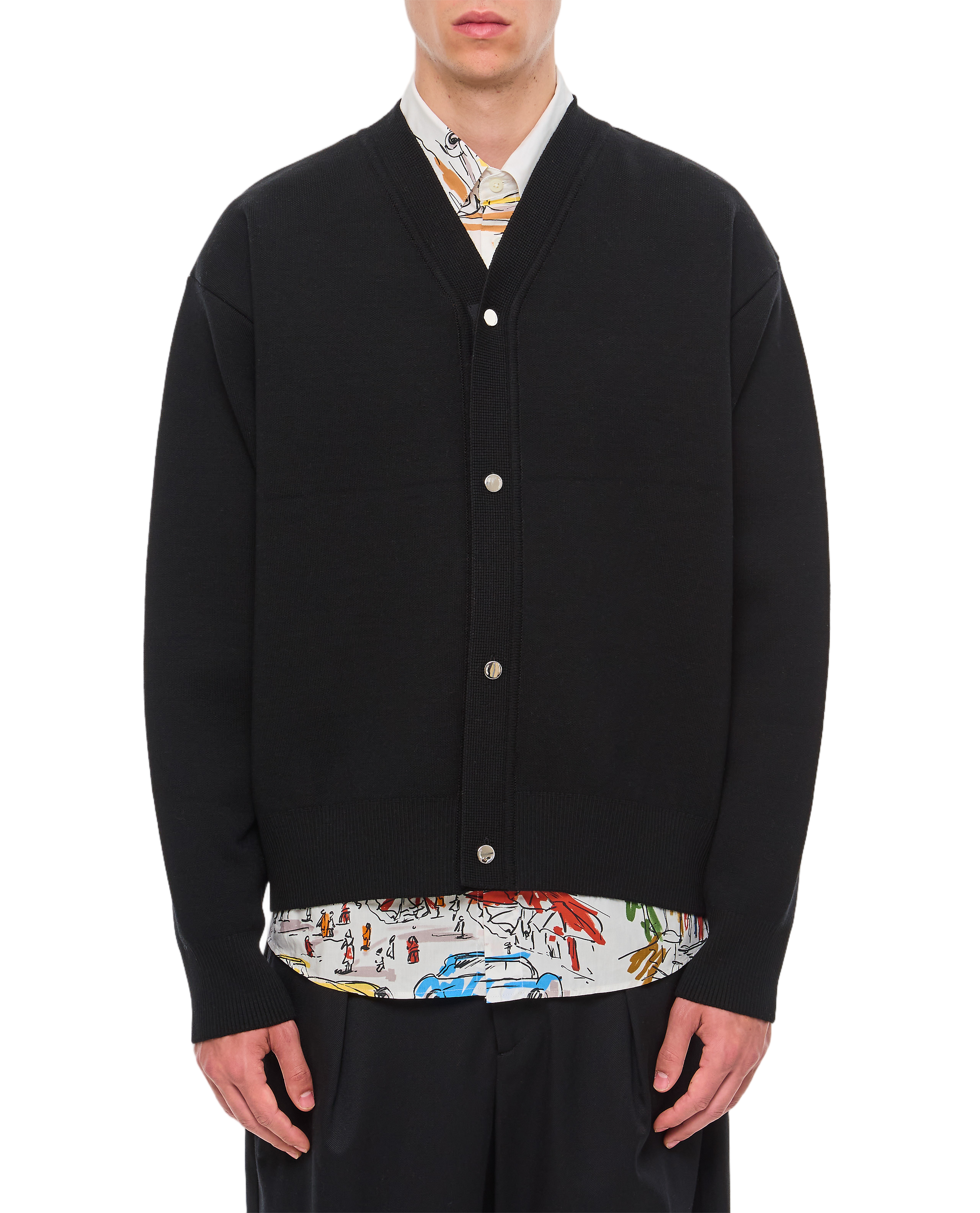 Button-Closure V-Neck Cardigan with Ribbed Details