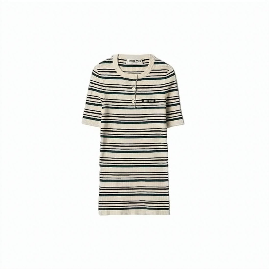Ribbed Knit Sweater With Horizontal Stripes And Button Placket