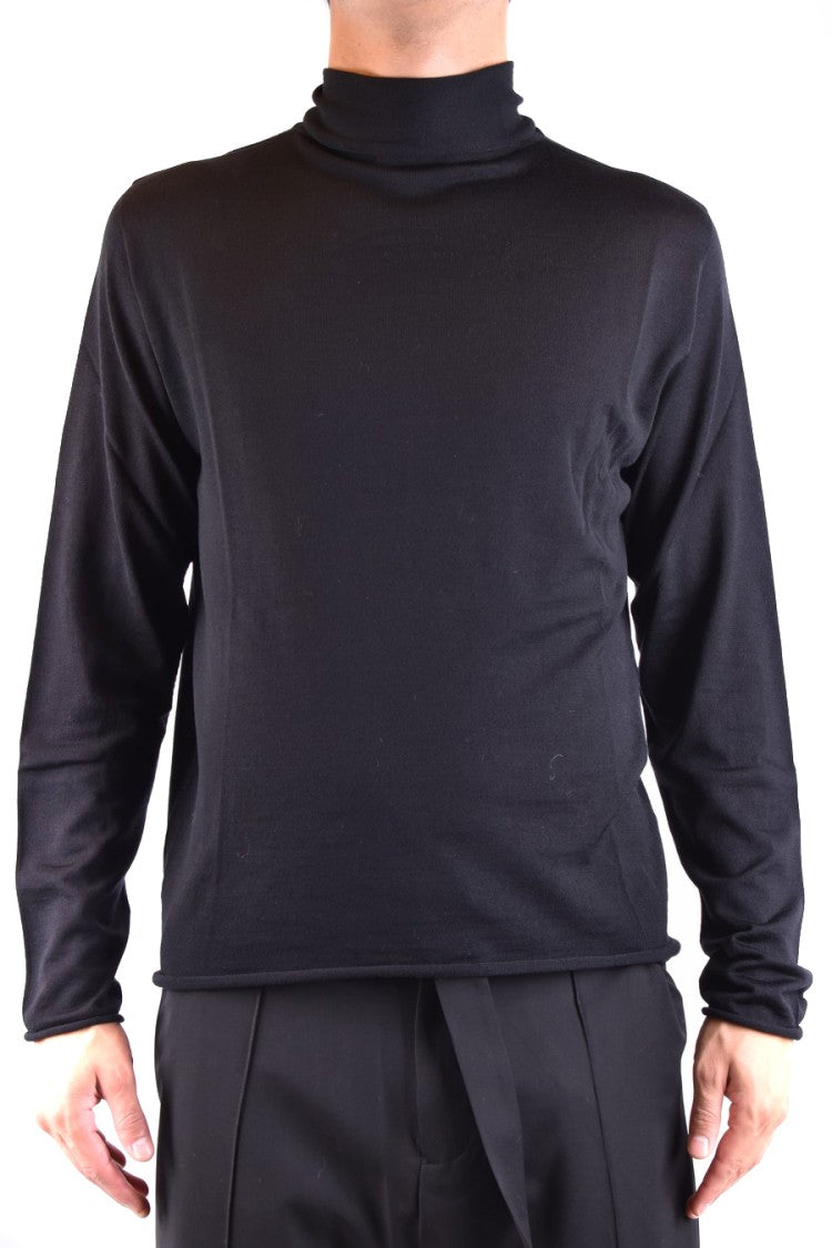 High Turtleneck Black Wool Sweater With Design