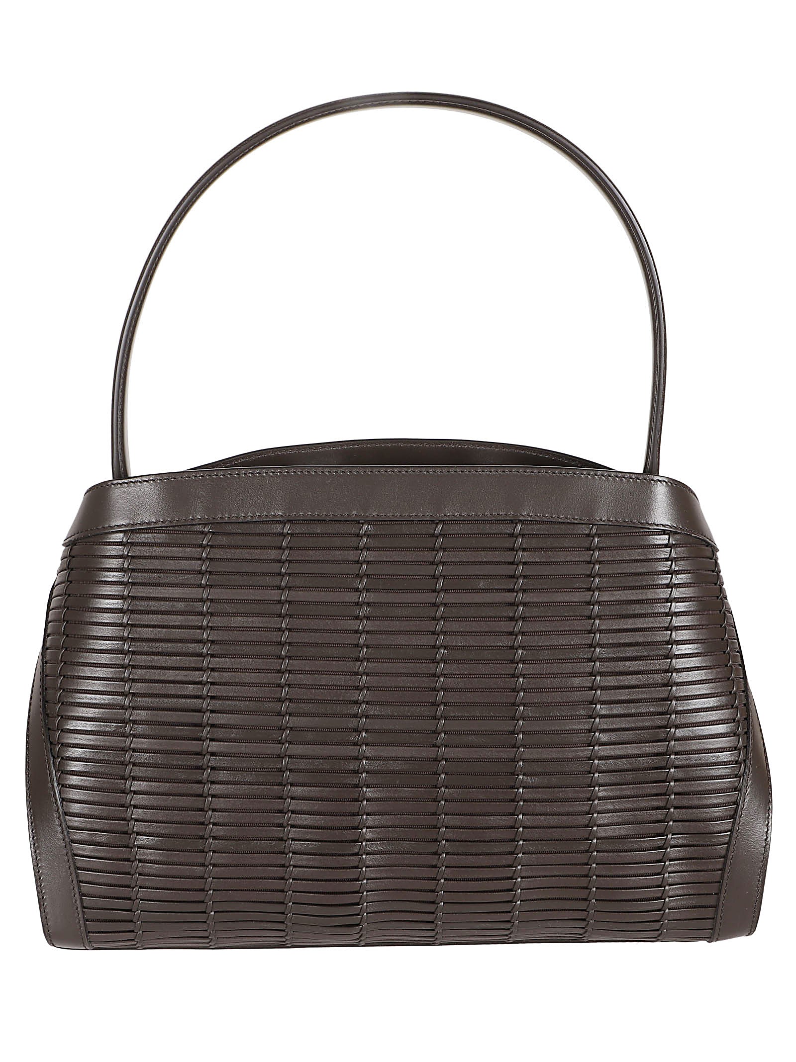 Structured Brown Handbag with Woven Leather Design and Gold Accents