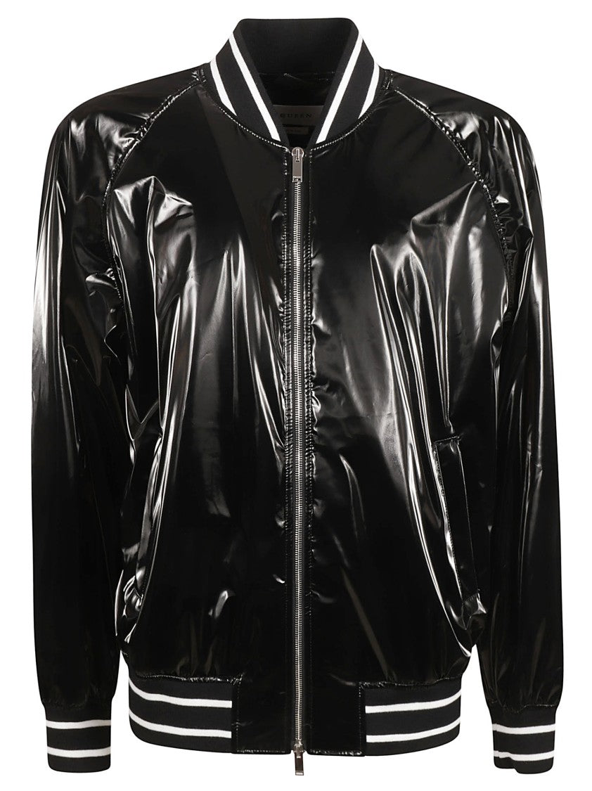 Glossy Black Bomber Jacket With Contrasting Stripes