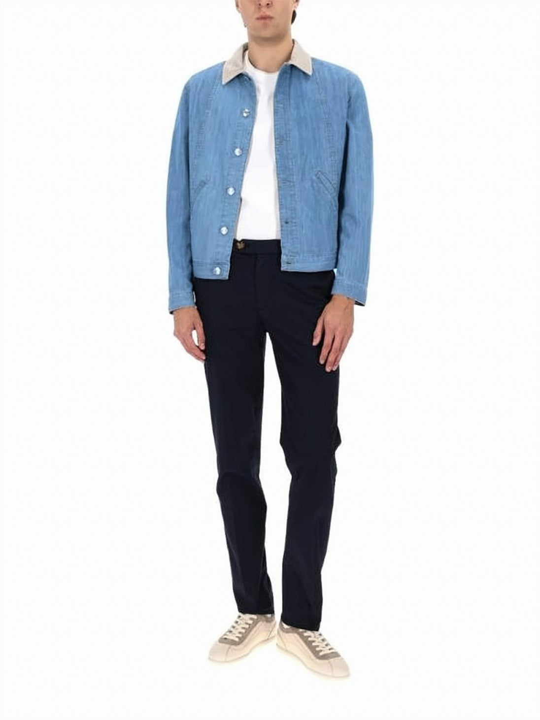 Light Blue Wash Denim Jacket with Contrasting Beige Collar