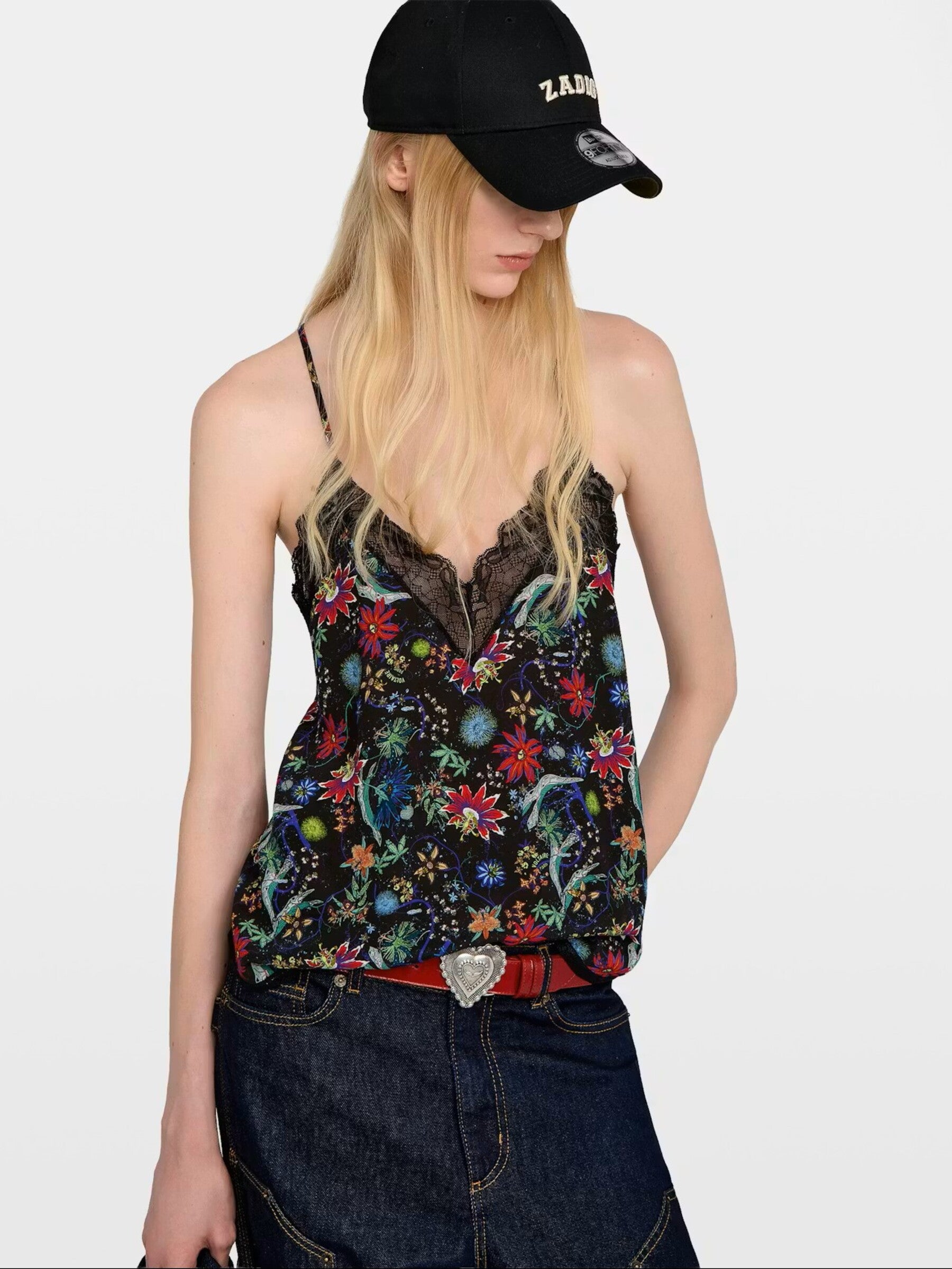 Sleeveless Top with Lace-Trimmed V-Neckline and Floral Print