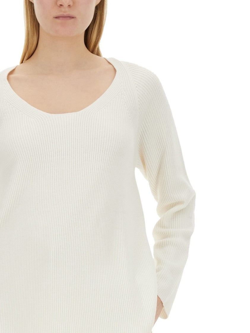 V-Neck Sweater With Ribbed Texture And Side Slits