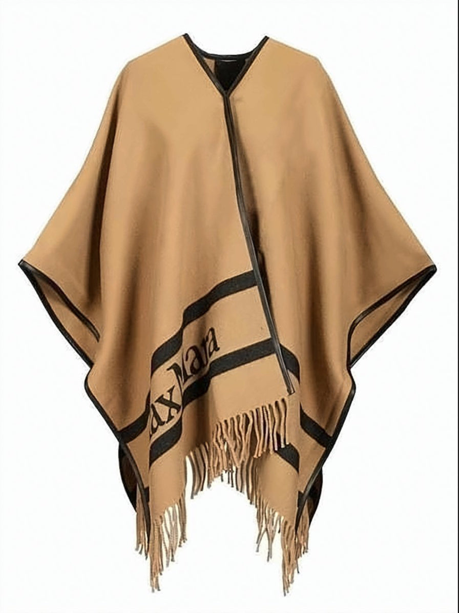 Poncho-Style Wool Coat with Fringed Accents