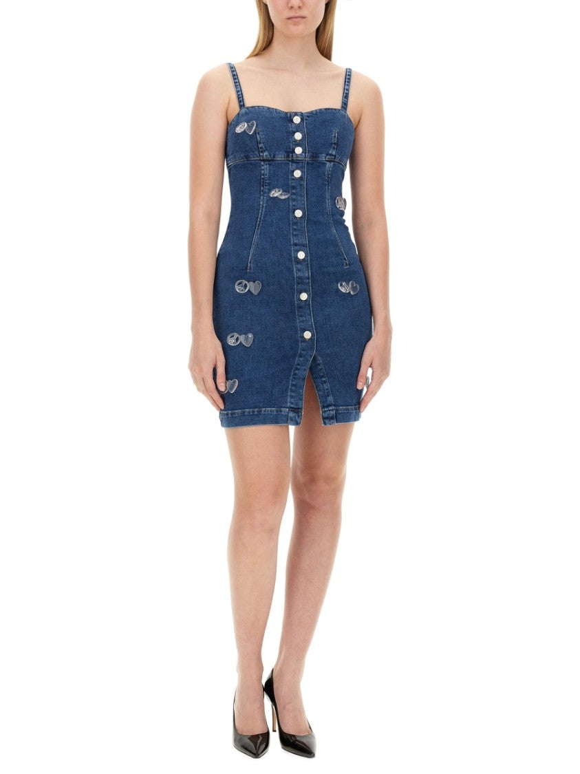 Fitted Denim Mini Dress With Sweetheart Neckline