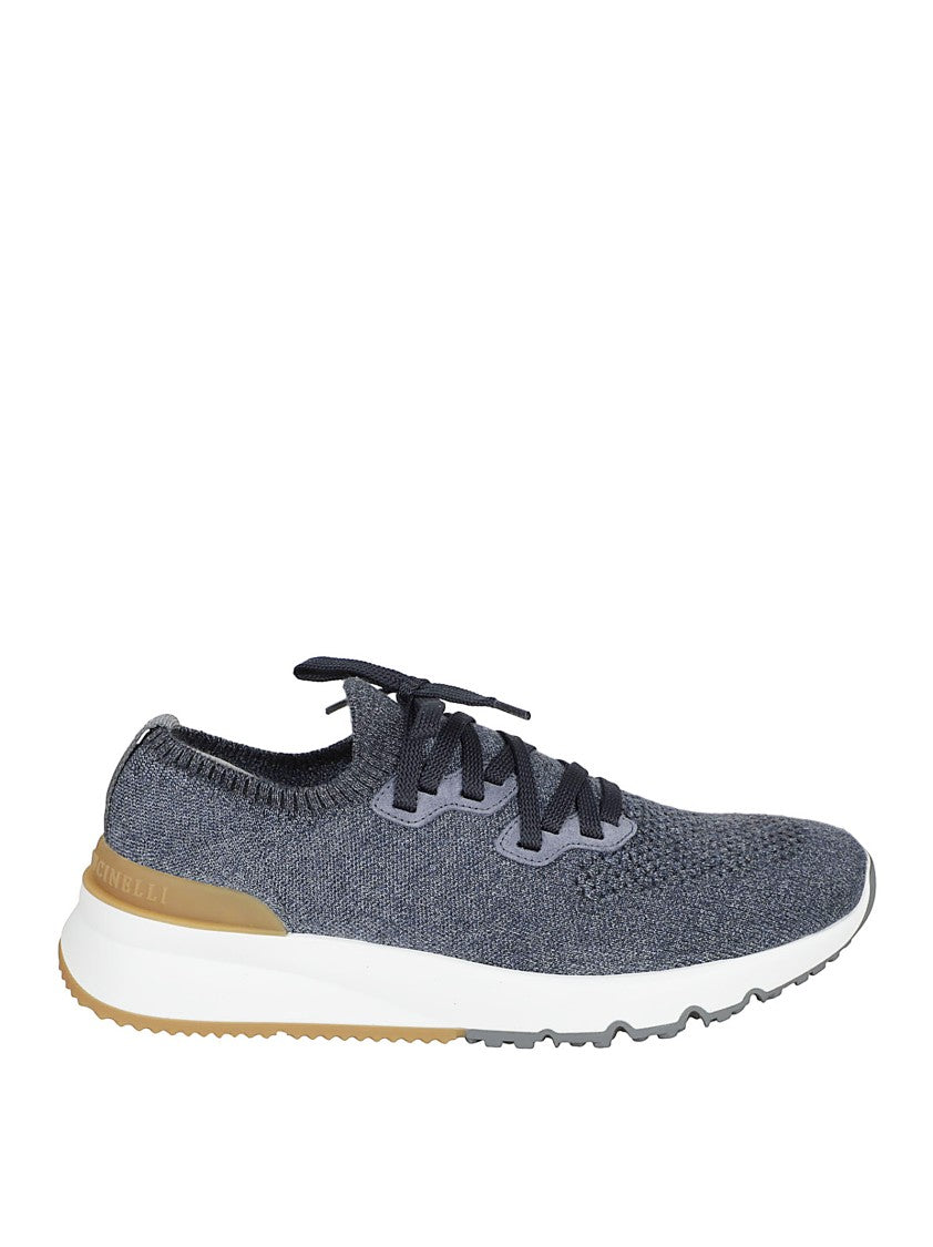 Deep Blue Stretch-Knit Low-Top Sneakers With Logo Accents