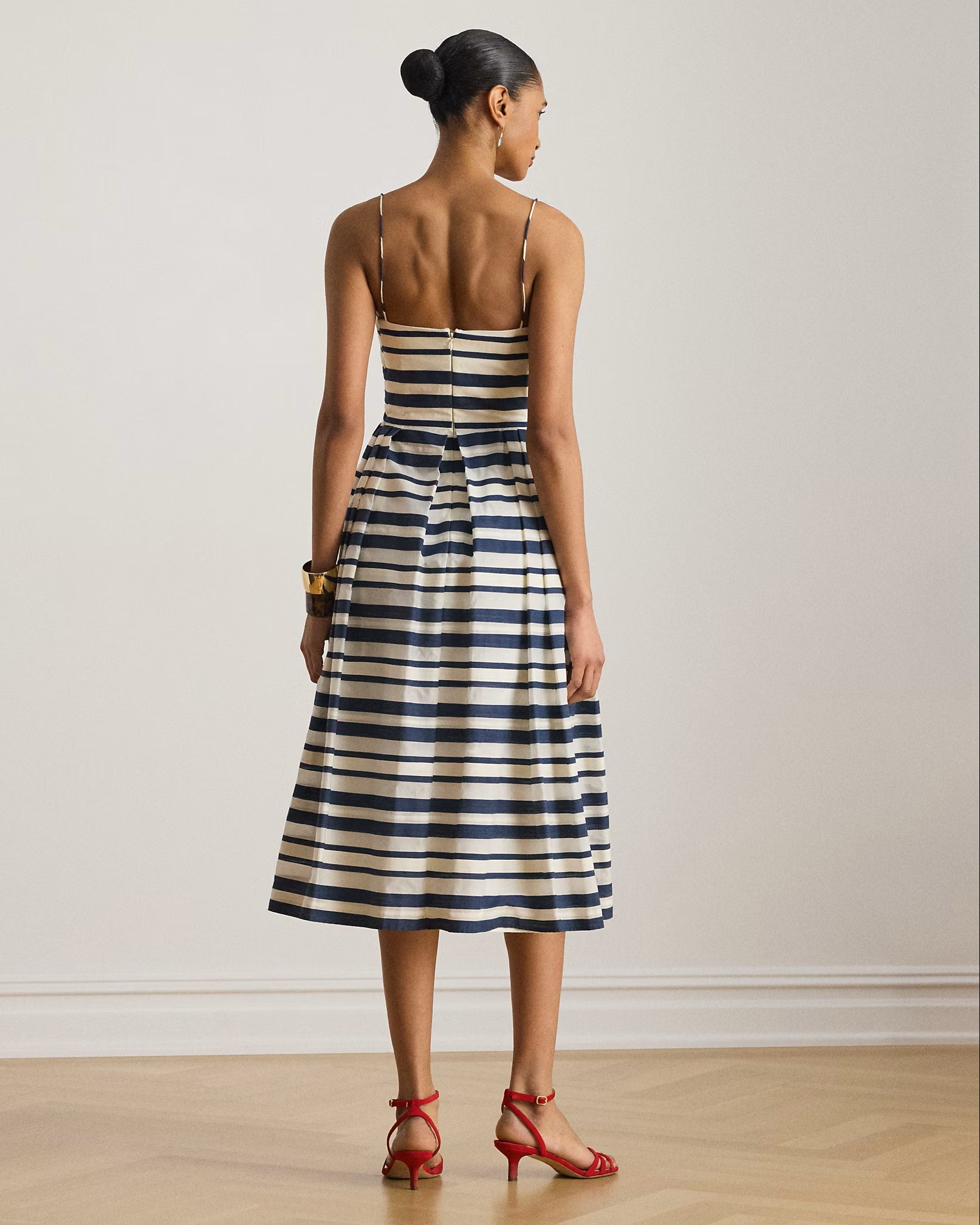 Navy Blue Woven Satin Stripe Dress