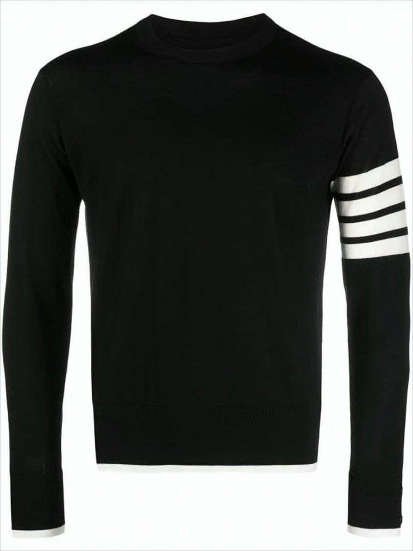 Crew Neck Black Wool Sweater with Signature Stripes and Buttoned Cuffs
