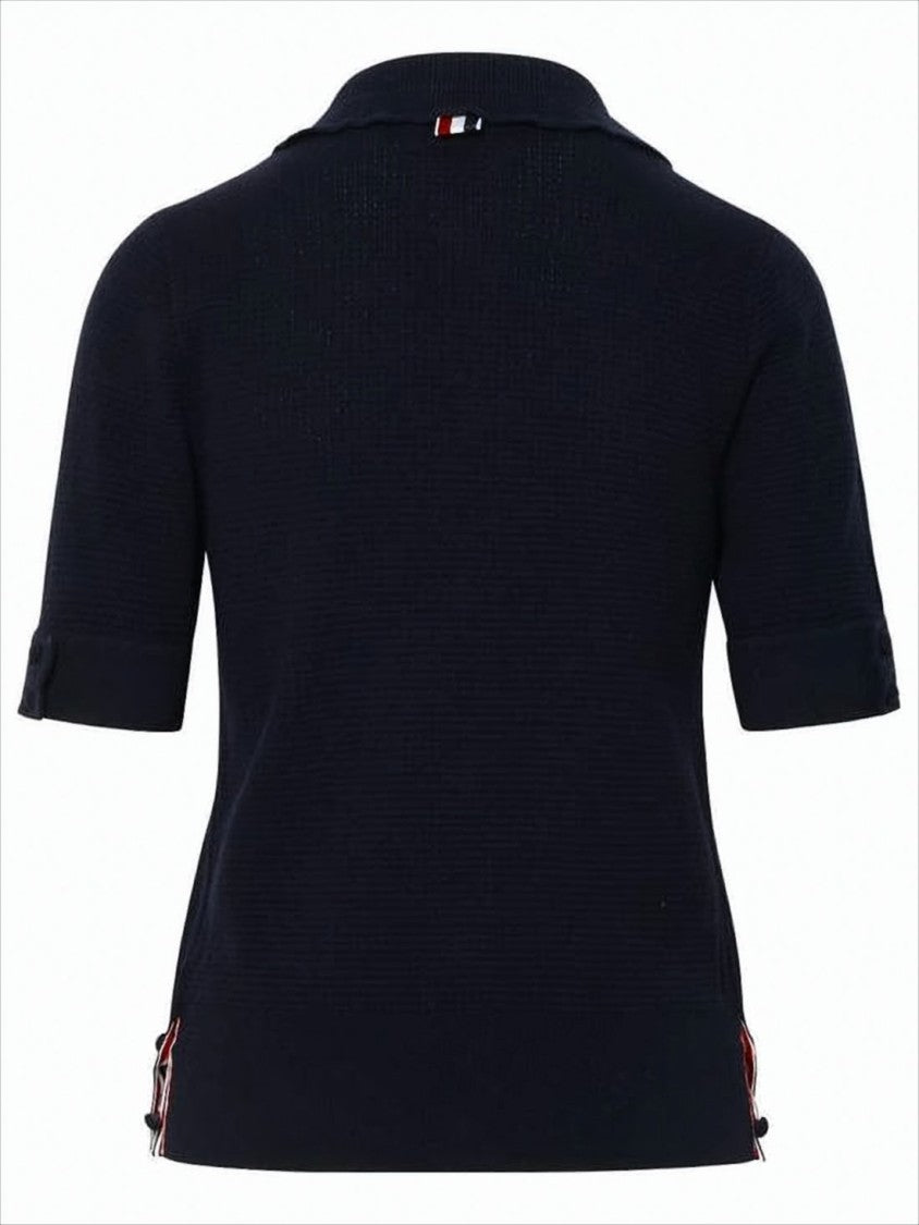 Short-Sleeved Knitted Sweater with Button-Down Front and Unique Lacing