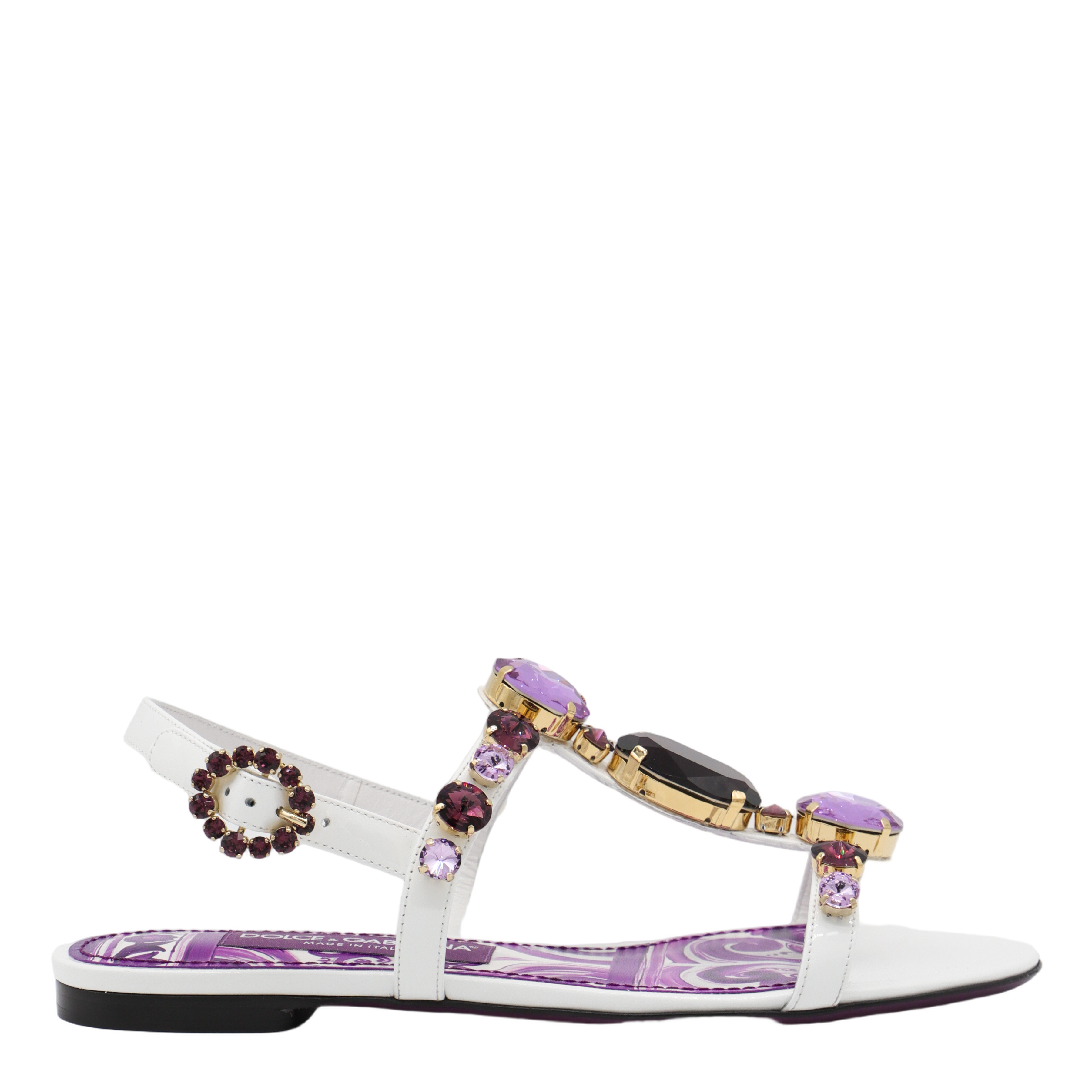 Gemstone-Embellished White Sandals with Footbed